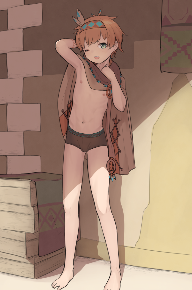 miyako (naotsugu), original, commentary request, commission, highres, skeb commission, 1boy, barefoot, black male underwear, brown hair, green eyes, male focus, male underwear, navel, nipples, one eye closed, open mouth, short hair, solo, standing, teeth, underwear, upper teeth only
