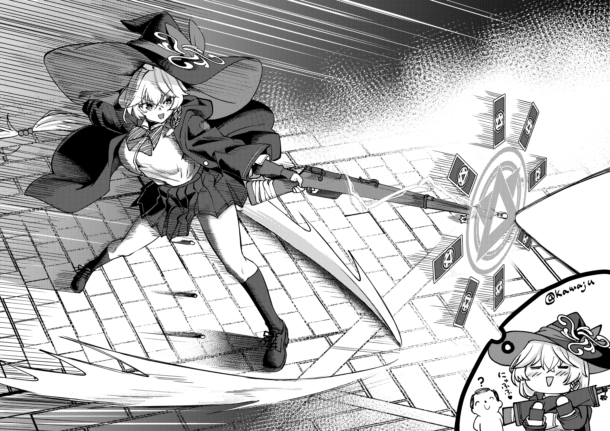 kawajuu, doodle sensei (blue archive), eri (blue archive), sensei (blue archive), blue archive, highres, 1boy, 1girl, bolt action, bow, bowtie, braid, breasts, carcano, diagonal-striped bow, diagonal-striped bowtie, diagonal-striped clothes, greyscale, gun, hat, holding, holding gun, holding weapon, imagining, jacket, large breasts, loafers, long hair, long sleeves, miniskirt, monochrome, open clothes, open jacket, pleated skirt, rifle, shoes, skirt, socks, striped bow, striped bowtie, striped clothes, tilted halo, very long hair, weapon, witch hat