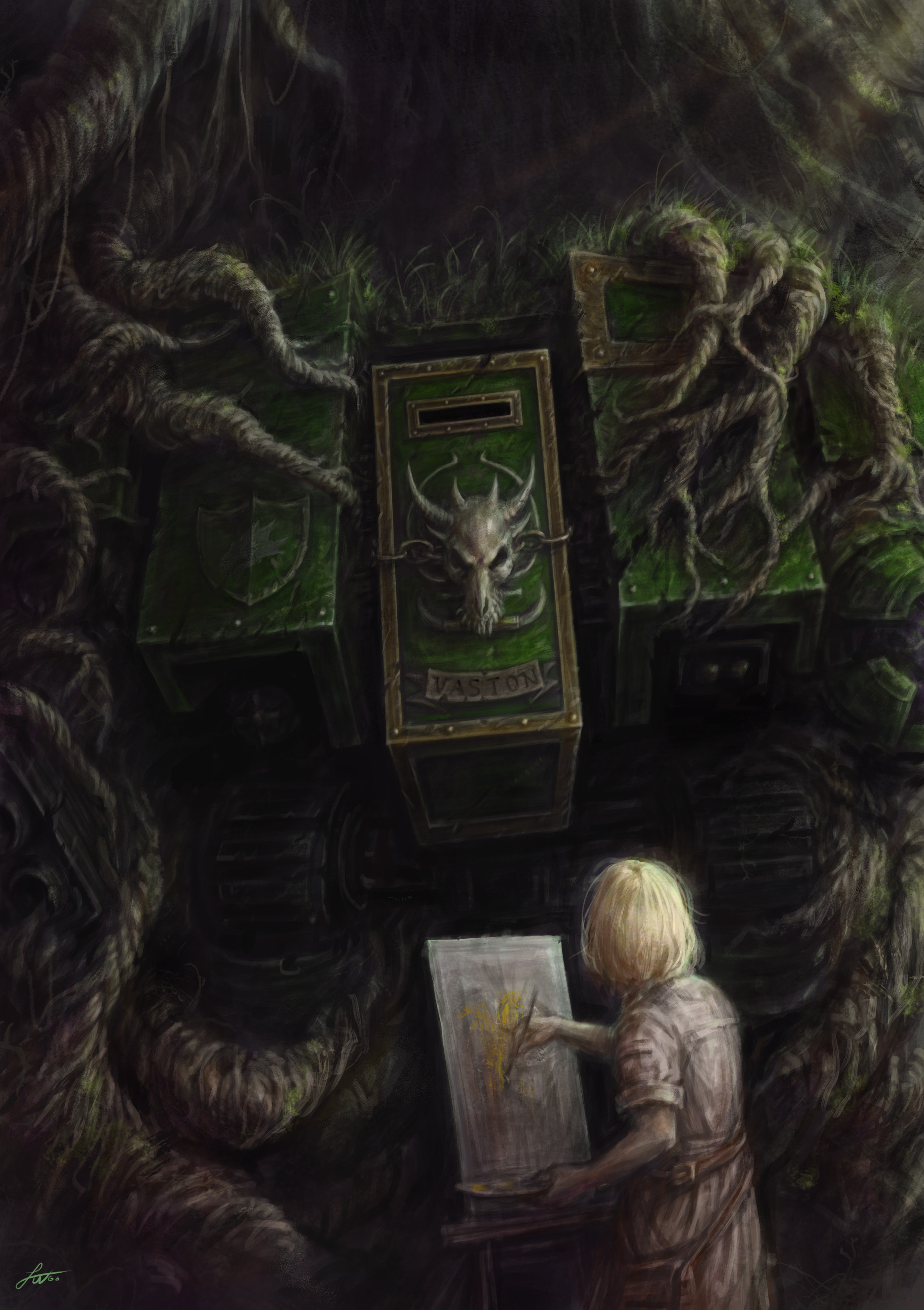 jinwoopark, adeptus astartes, warhammer 40k, absurdres, commentary, english commentary, highres, 1boy, 1girl, abandoned, armor, belt, belt pouch, blonde hair, brown belt, canvas (object), chain, dark, dragon skull, dreadnought (warhammer 40k), dress, from behind, grass, green armor, holding, holding brush, holding paint palette, holding paintbrush, latin text, overgrown, paint palette, paintbrush, painting (action), painting (object), plant roots, pouch, salamanders (warhammer), shadow, shield print, signature, size difference, skull ornament, sleeves rolled up, sunlight, tree, upper body, white dress