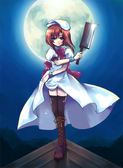 hazuki megumi, ryuuguu rena, higurashi no naku koro ni, tsumihoroboshi-hen, md5 mismatch, 00s, 1girl, billhook, boots, brown eyes, brown hair, clothes lift, dress, female focus, hashitsuki nata, hatchet, moon, nata (tool), skirt, skirt lift, solo, thighhighs, wristband, zettai ryouiki