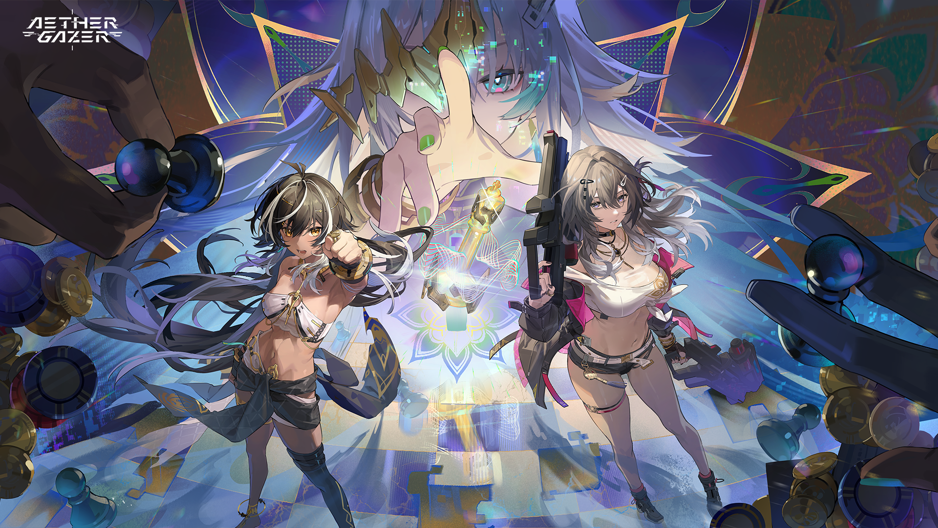 kali (aether gazer), aether gazer, gold collar, artist request, character request, highres, official art, second-party source, 3girls, black hair, black jacket, black nails, black shoes, black thighhighs, blue eyes, breasts, bright pupils, chess piece, copyright name, green nails, grey hair, gun, hair ornament, hairclip, holding, holding gun, holding weapon, jacket, long hair, multicolored hair, multiple girls, navel, open clothes, open jacket, pawn (chess), poker chip, shoes, single thighhigh, stomach, streaked hair, tan, thigh strap, thighhighs, weapon, white hair, white pupils, yellow eyes