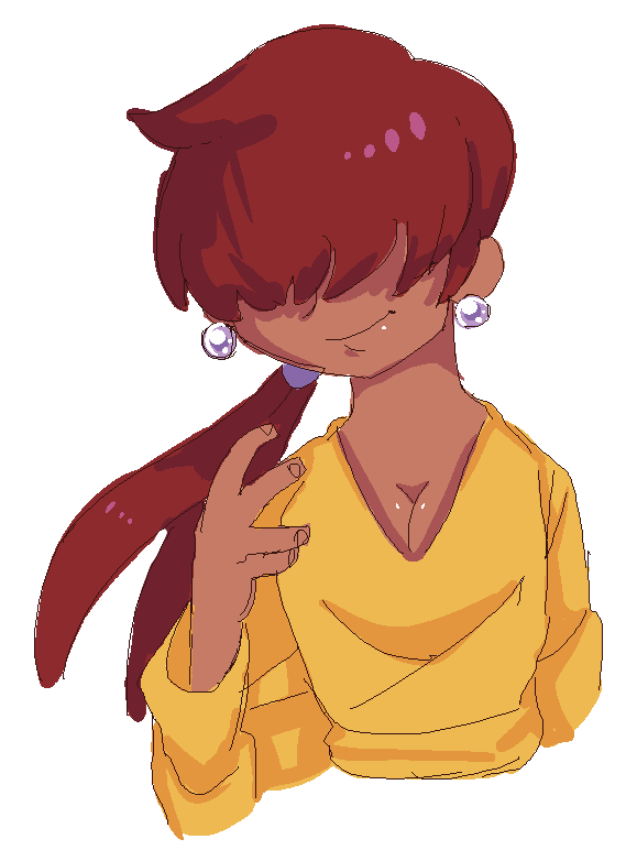 1shermieaday, shermie (kof), the king of fighters, 1girl, breasts, dark-skinned female, dark skin, earrings, female focus, jewelry, large breasts, long hair, long sleeves, red hair, smile, sweater, tan, twintails