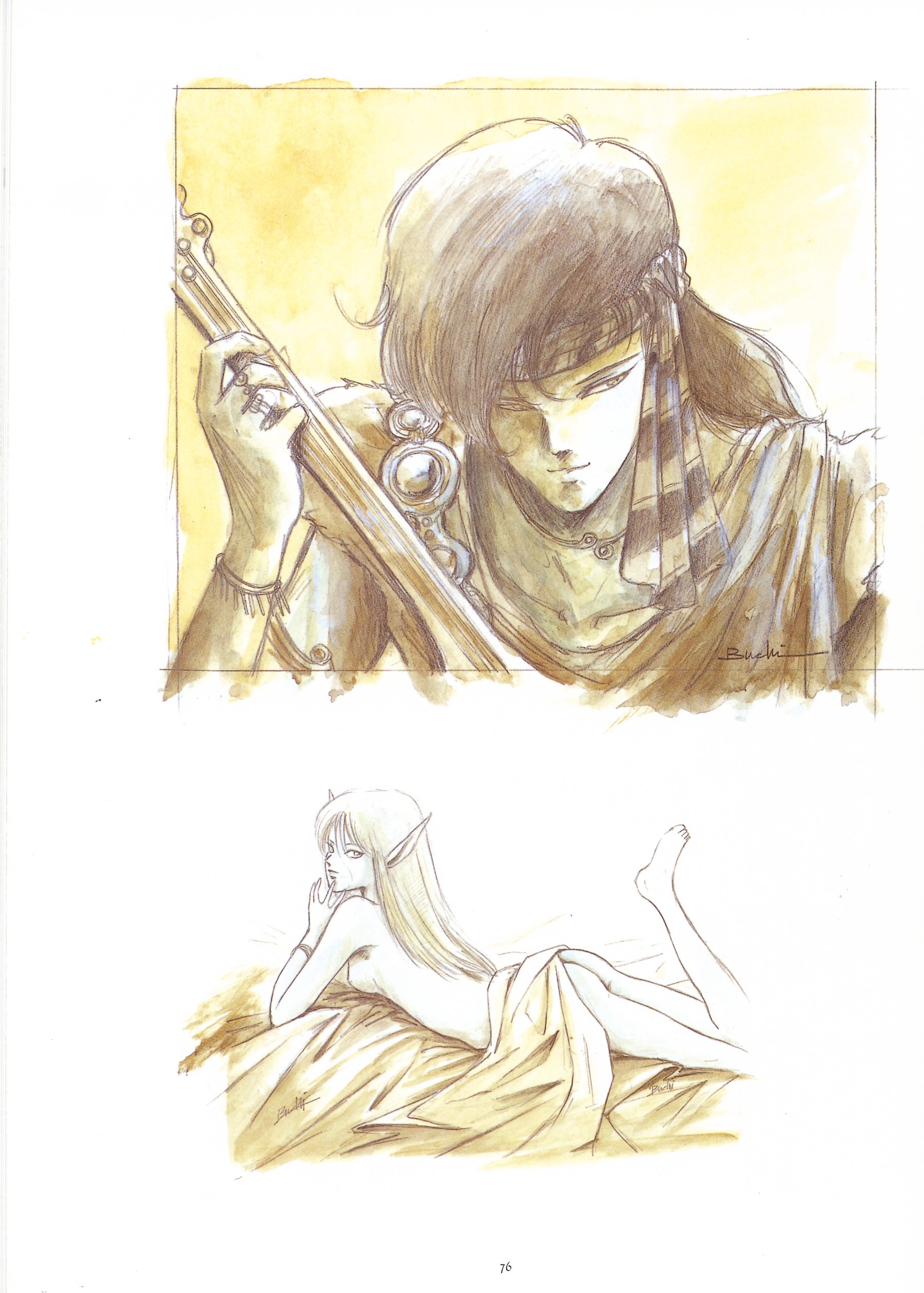 deedlit, record of lodoss war, absurdres, artbook, highres, scan, traditional media, 1990s (style), 1boy, 1girl, ass, bed, headband, lying, monochrome, nude, retro artstyle
