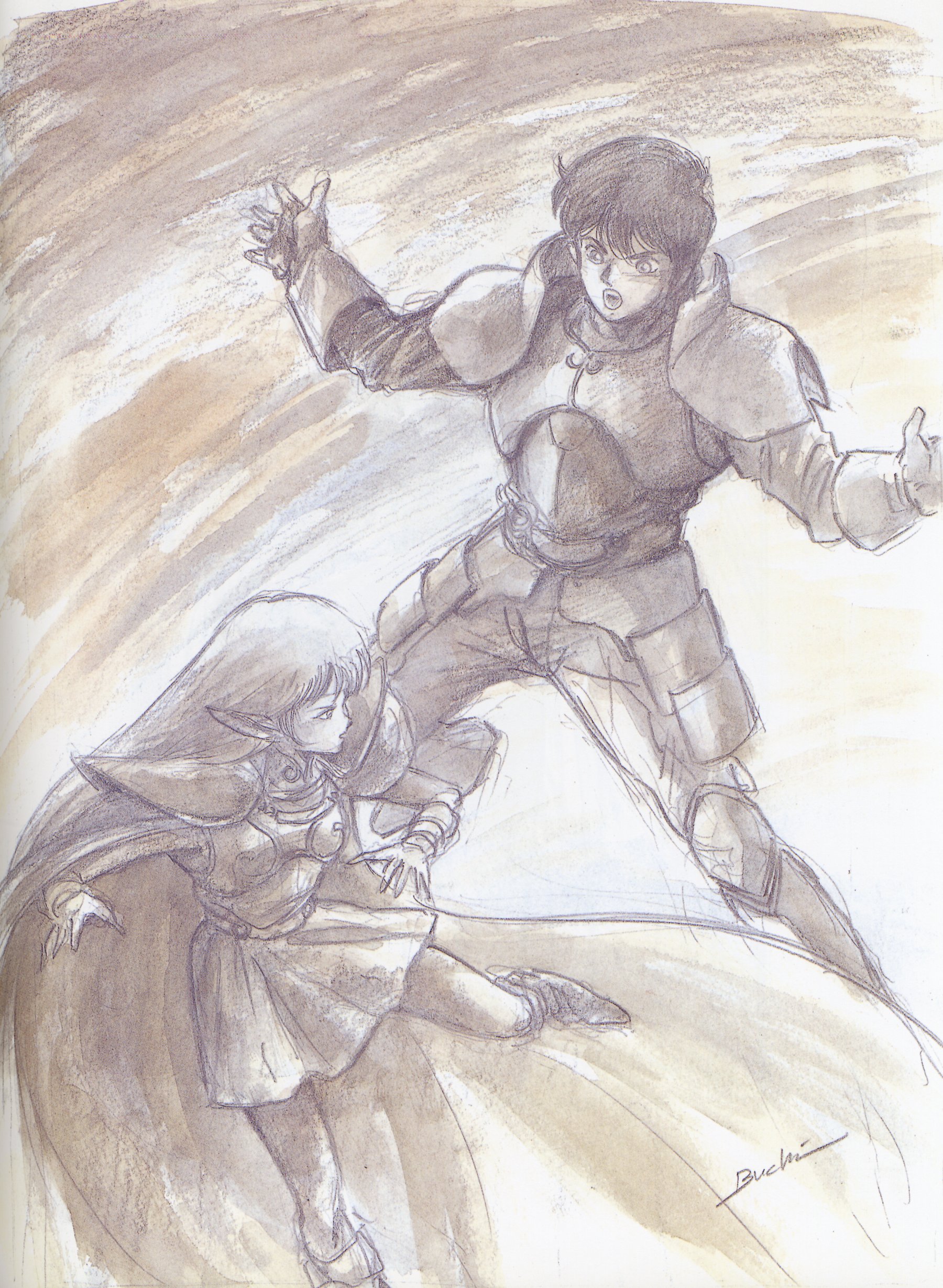 deedlit, parn (lodoss), record of lodoss war, absurdres, artbook, highres, scan, traditional media, 1990s (style), 1boy, 1girl, armor, cape, elf, pointy ears, retro artstyle