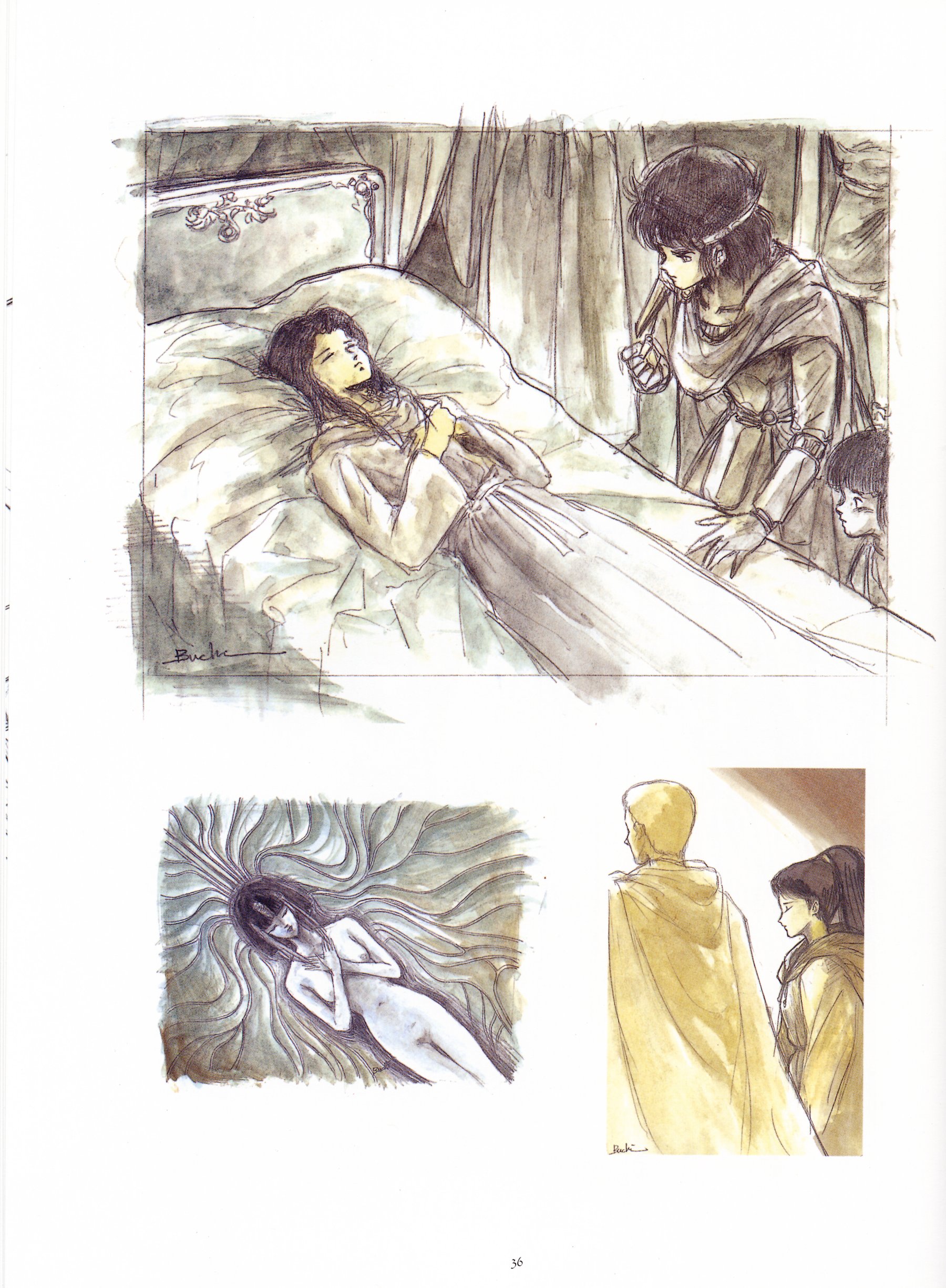 leylia (lodoss), slayn (lodoss), record of lodoss war, absurdres, artbook, graphite (medium), highres, scan, traditional media, 2boys, 2girls, bed, lying, multiple boys, multiple girls, nude