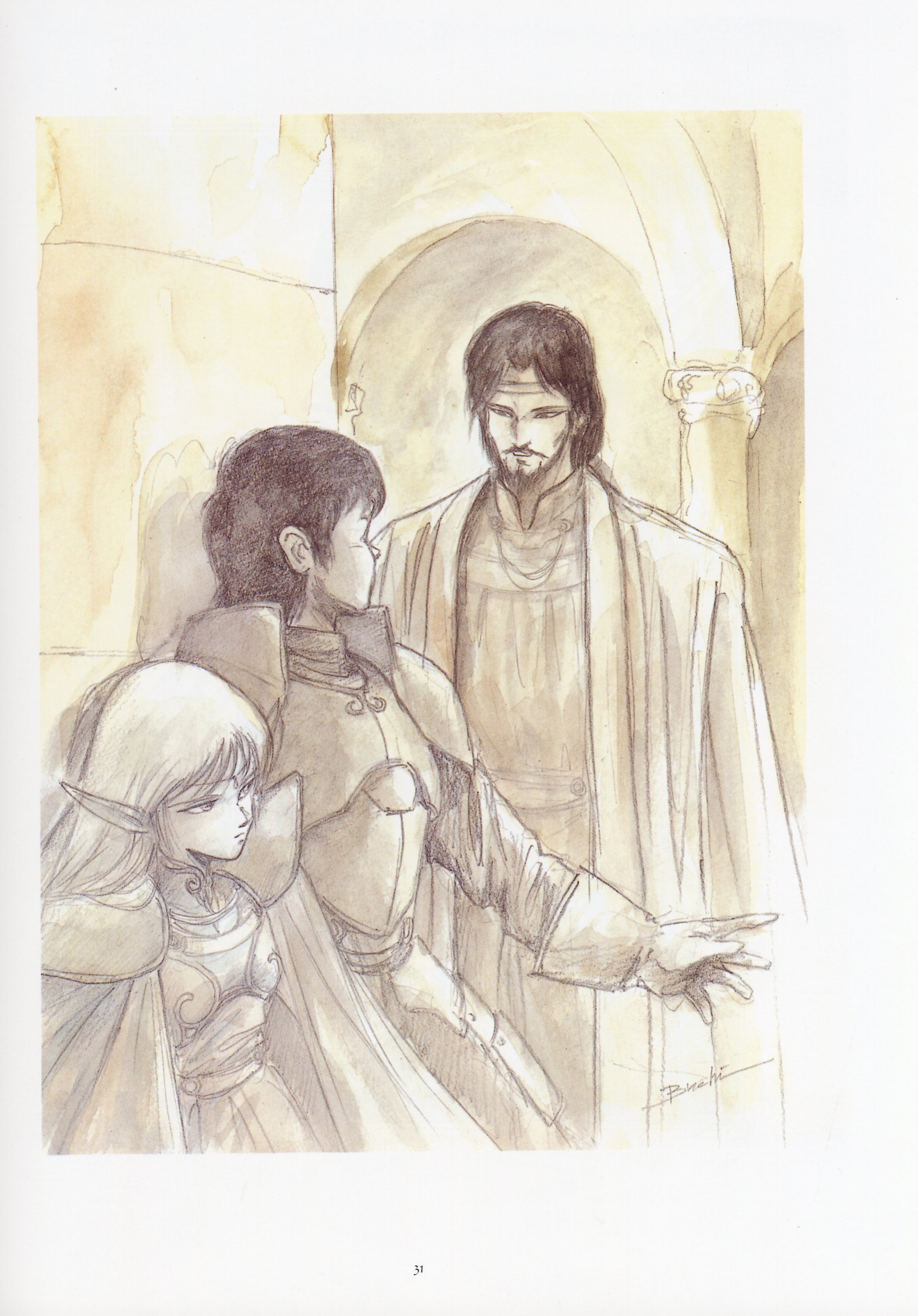 deedlit, kashue (lodoss), parn (lodoss), record of lodoss war, absurdres, artbook, highres, non-web source, scan, traditional media, 1990s (style), 1girl, 2boys, armor, beard, elf, facial hair, goatee, male focus, multiple boys, mustache, pointy ears, retro artstyle