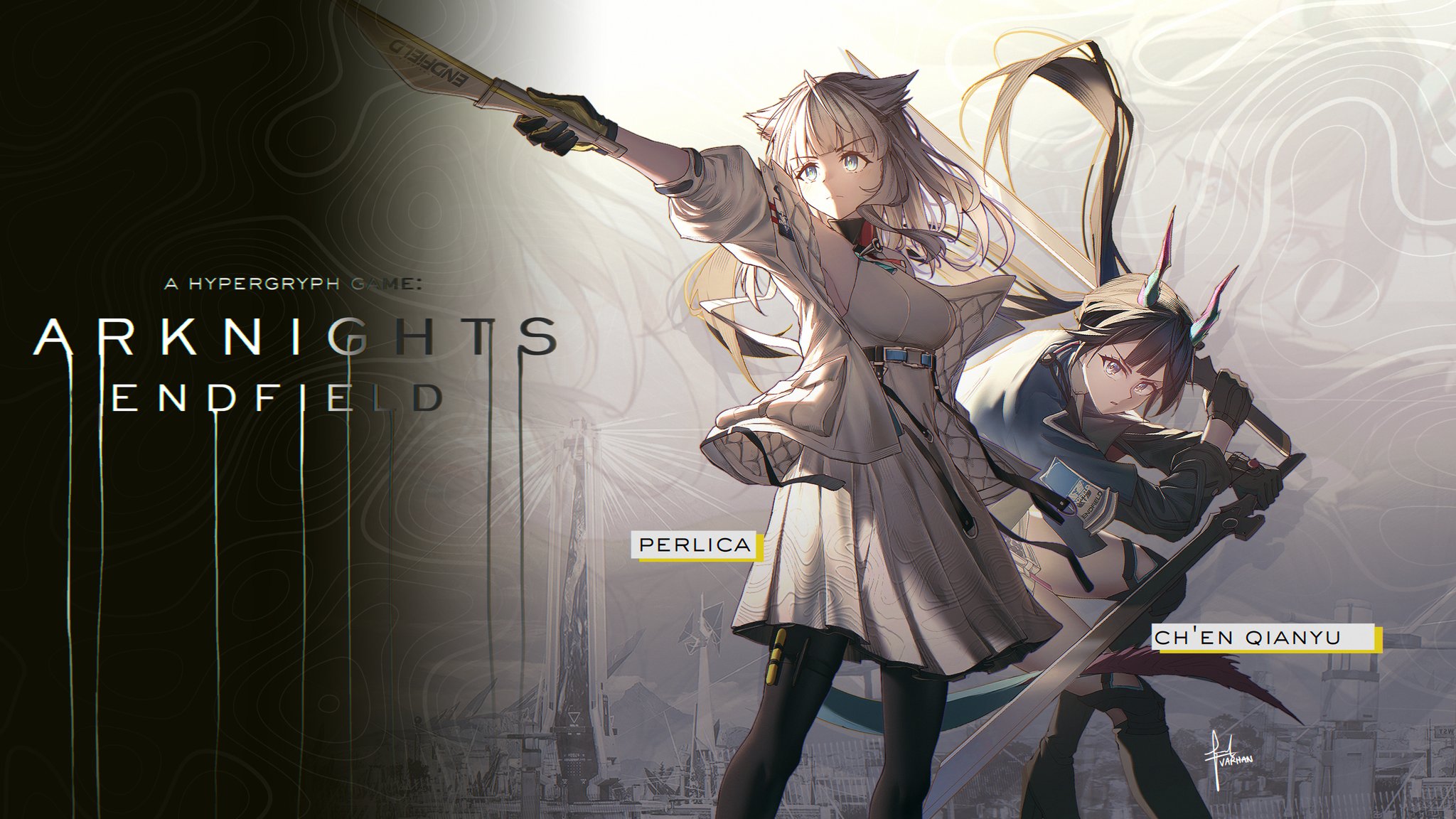 varhan zuhair, chen qianyu (arknights), perlica (arknights), arknights, arknights: endfield, commentary, english commentary, highres, 2girls, animal ears, artist name, belt, bird ears, bird girl, black gloves, black hair, black pantyhose, blue eyes, blue horns, blue tail, character name, closed mouth, copyright name, dragon girl, dragon horns, dragon tail, dress, dual wielding, feet out of frame, gloves, high belt, holding, holding sword, holding weapon, horns, jacket, long hair, long sleeves, looking at viewer, looking to the side, multicolored horns, multicolored tail, multiple girls, open clothes, open jacket, pantyhose, parted lips, pink horns, red tail, sleeveless, sleeveless dress, standing, sword, tail, weapon, white dress, white jacket