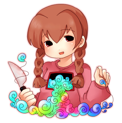 madotsuki, yume nikki, lowres, 1girl, braid, female focus, head tilt, knife, pink shirt, shirt, solo, twin braids