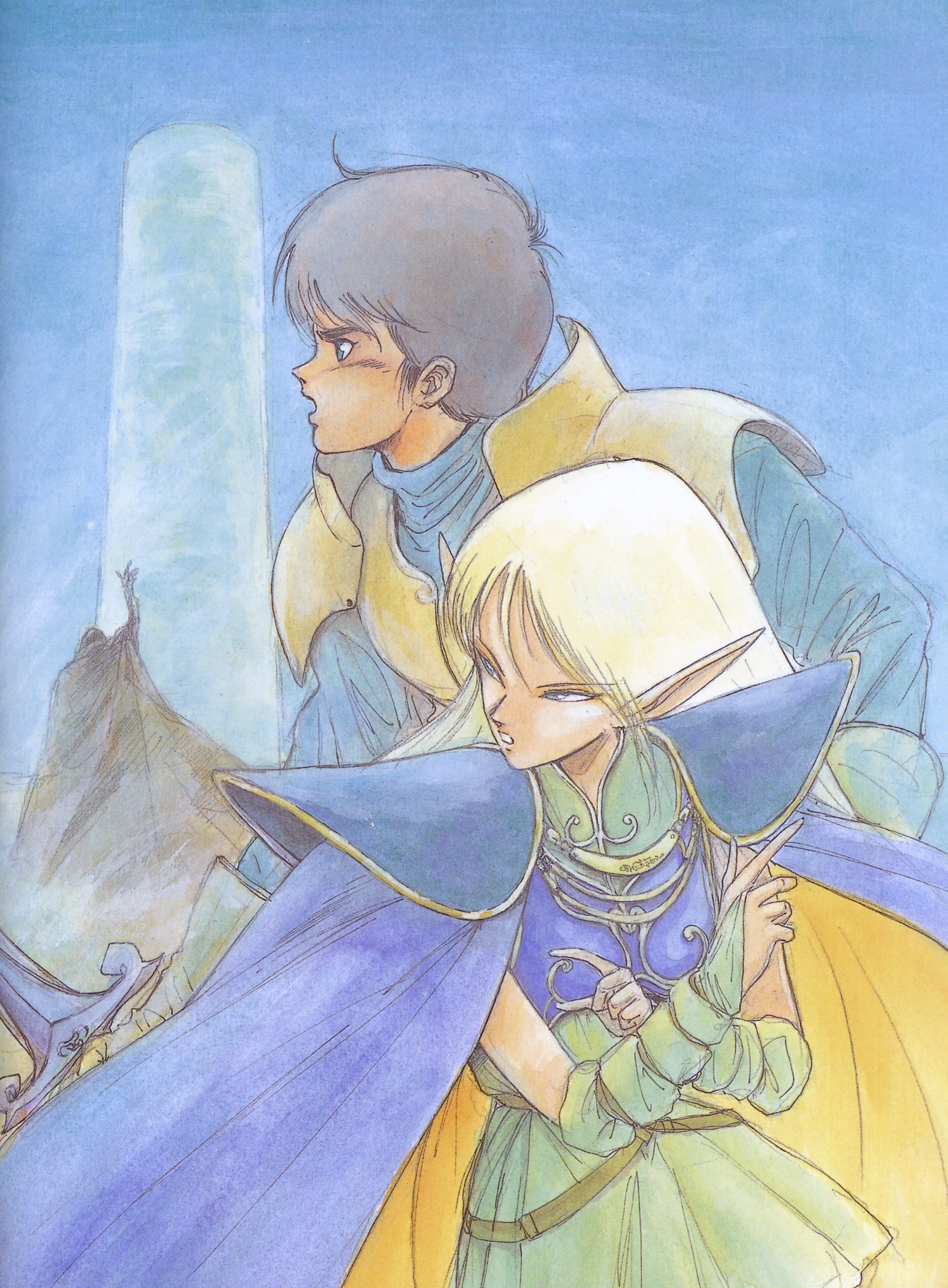 deedlit, parn (lodoss), record of lodoss war, absurdres, artbook, highres, scan, traditional media, 1990s (style), 1boy, 1girl, armor, cape, elf, pointy ears, retro artstyle, sword, weapon