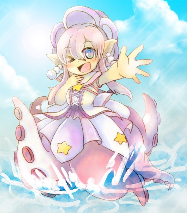 emil chronicle online, 1girl, blue eyes, blue sky, earrings, hat, jewelry, karukuro, long sidelocks, monster girl, ocean, one eye closed, open mouth, pearl earrings, pink hair, pointy ears, purple hat, scylla, shirt, shugoma fumitsuki, sidelocks, skirt, sky, sleeveless, sleeveless shirt, smile, solo, star (symbol), white shirt, white skirt