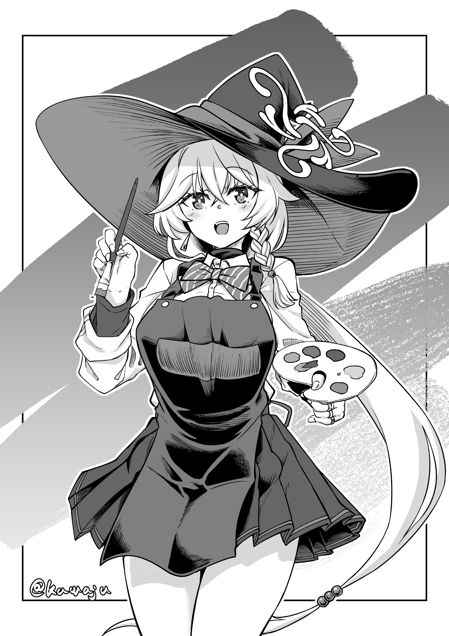 kawajuu, eri (blue archive), blue archive, highres, 1girl, apron, bow, bowtie, braid, breasts, diagonal-striped bow, diagonal-striped bowtie, diagonal-striped clothes, earrings, greyscale, hat, holding, holding paintbrush, jewelry, large breasts, long hair, long sleeves, looking at viewer, miniskirt, monochrome, multiple rings, open mouth, paint palette, paintbrush, pleated skirt, ring, round teeth, skirt, solo, striped bow, striped bowtie, striped clothes, teeth, tilted halo, upper teeth only, very long hair, witch hat