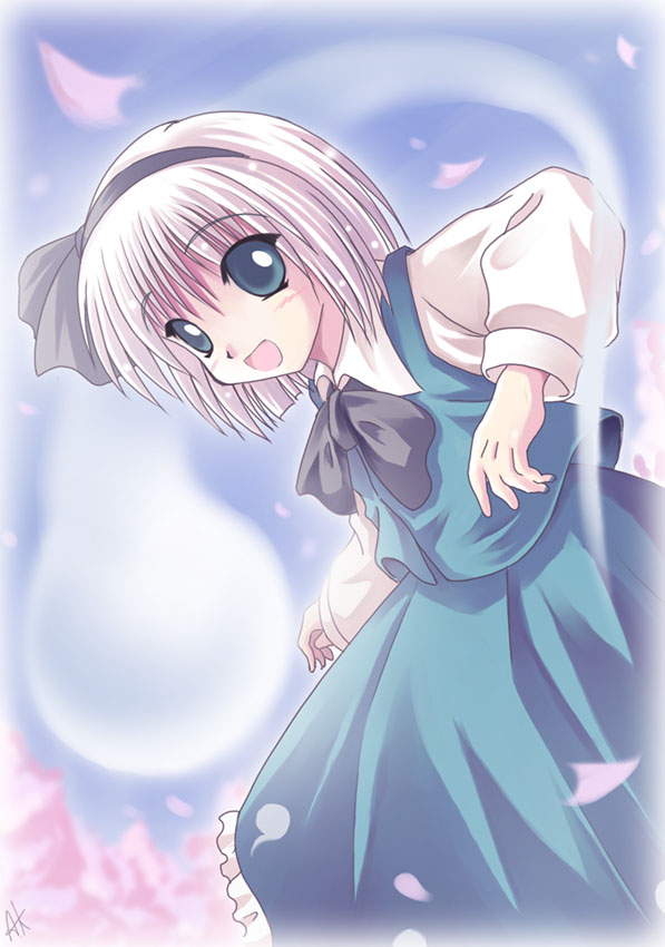 a kirima, konpaku youmu, konpaku youmu (ghost), touhou, silver hair, 1girl, female focus, ghost, hairband, hitodama, petals, ribbon, short hair, solo