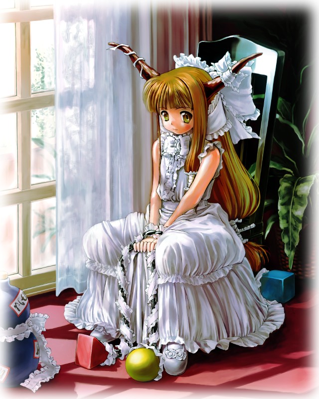chikin, ibuki suika, touhou, 1girl, bride, brown hair, chain, dress, female focus, full body, horns, indoors, long hair, oni, plant, ribbon, solo, wedding dress