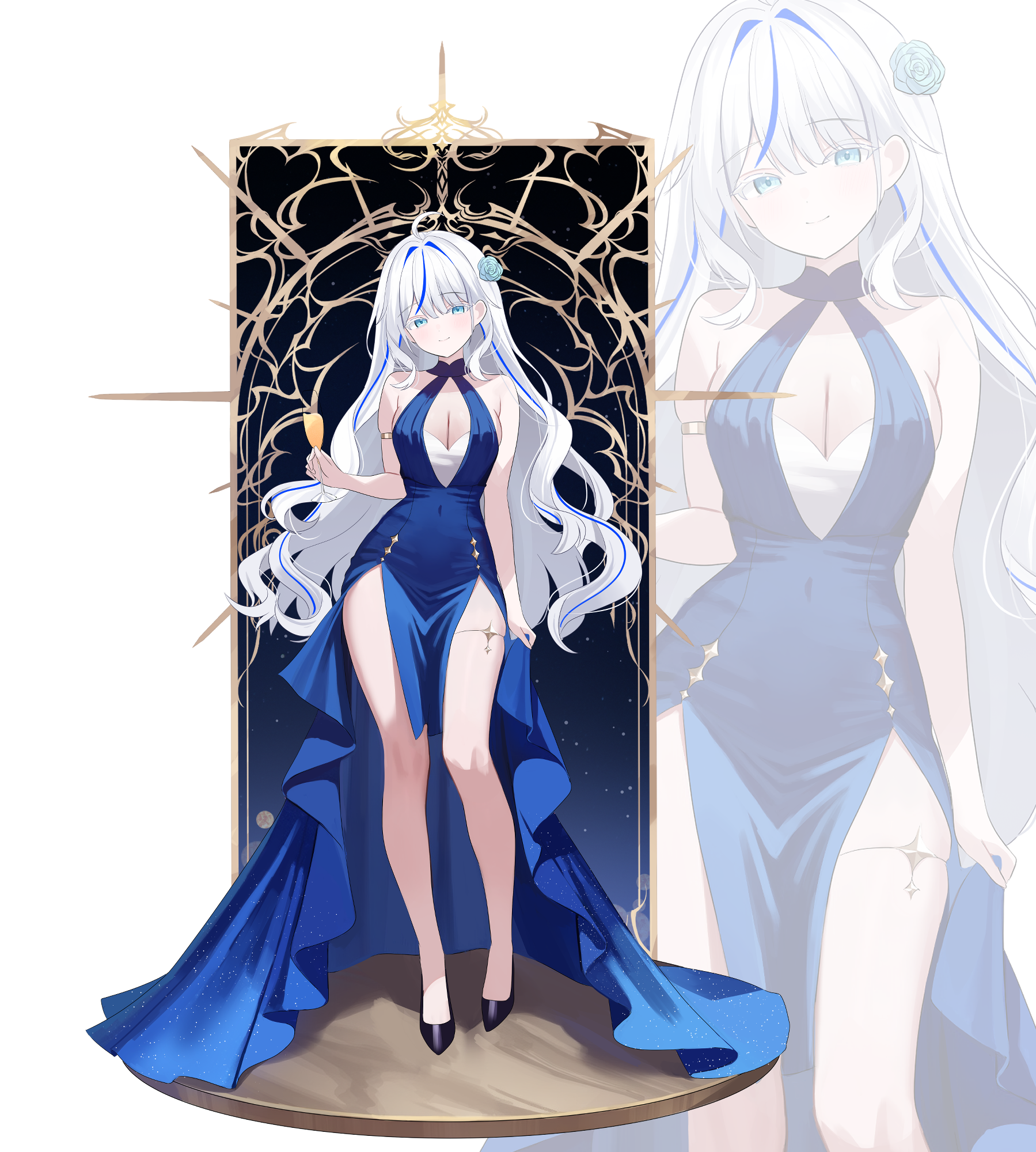 nannung, aokumo rin, stellive, commentary request, highres, korean commentary, 1girl, ahoge, bare arms, bare legs, bare shoulders, black shoes, blue dress, blue eyes, breasts, champagne flute, cleavage, cocktail dress, covered navel, cup, dress, drinking glass, full body, holding, holding cup, large breasts, long hair, looking at viewer, multicolored hair, pelvic curtain, shoes, sleeveless, sleeveless dress, solo, standing, streaked hair, thighs, very long hair, virtual youtuber, wavy hair, white hair, zoom layer