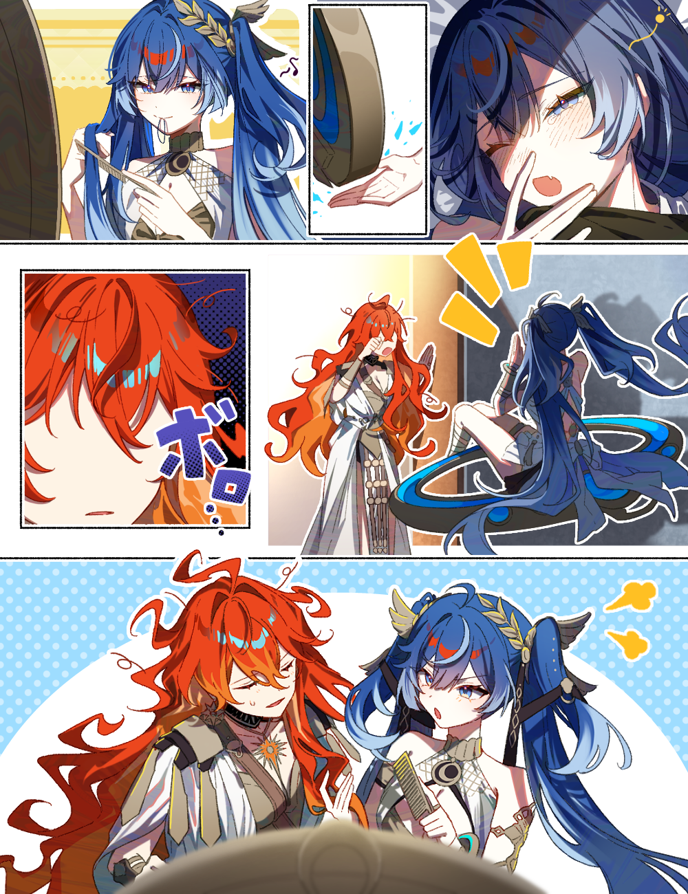 nara nakiri, augusta (wuthering waves), iuno (wuthering waves), wuthering waves, commentary request, highres, 2girls, ahoge, ancient greek clothes, armor, black collar, blue eyes, blue hair, breastplate, breasts, brushing hair, cleavage, closed mouth, collar, dress, earrings, gold bra, gradient hair, greco-roman clothes, hair belt, hair intakes, hair tie in mouth, hand up, head wreath, jewelry, long hair, looking at another, medium breasts, messy hair, mouth hold, multicolored hair, multiple girls, one eye closed, open mouth, orange hair, puff of air, rubbing eyes, smile, sun earrings, sun necklace, thighlet, twintails, v-shaped eyebrows, waking up, white dress, yawning