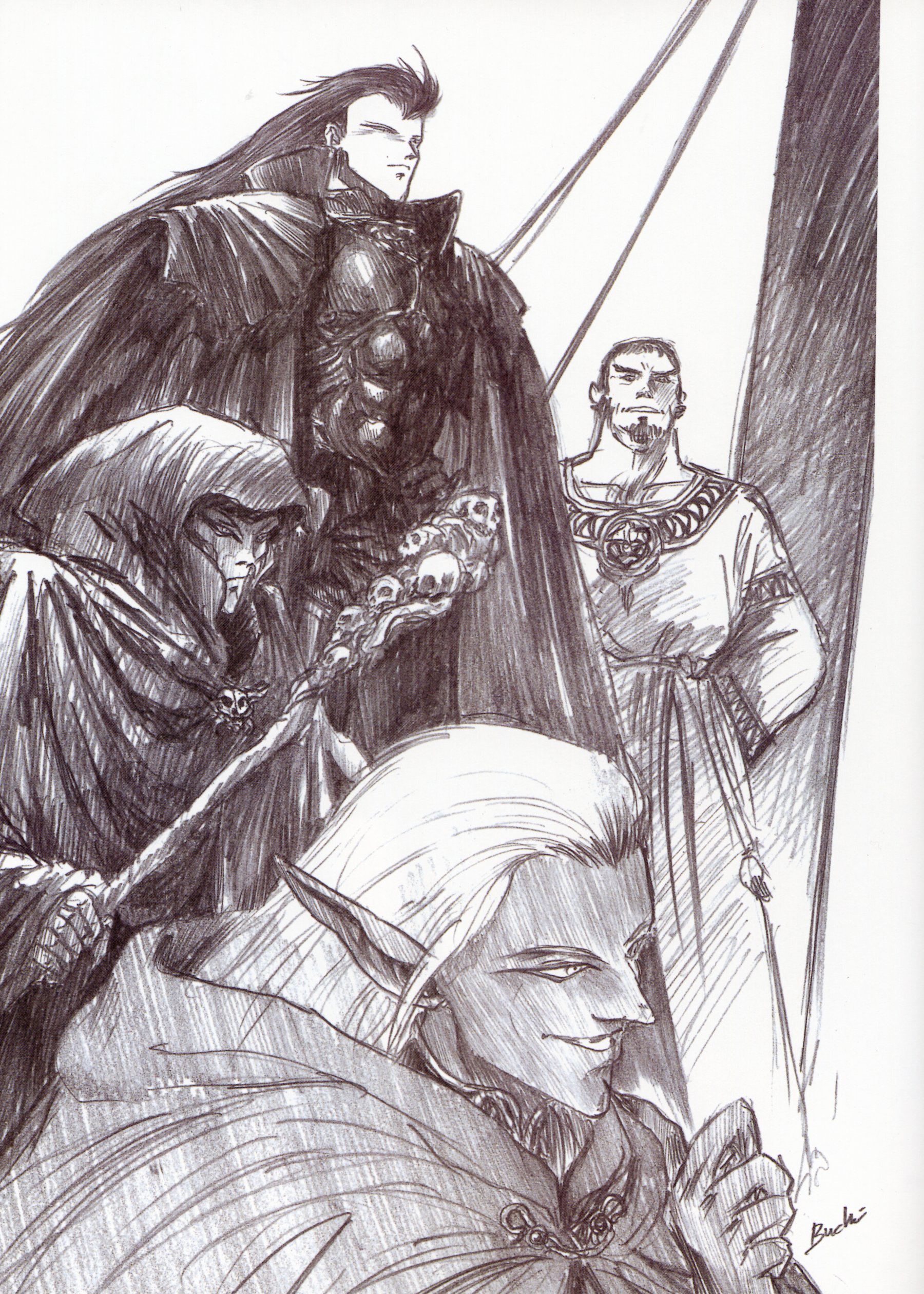 ashram (lodoss), astar, record of lodoss war, absurdres, artbook, graphite (medium), highres, scan, traditional media, 4boys, armor, dark elf, elf, male focus, monochrome, multiple boys, pointy ears, purple theme, staff, wizard