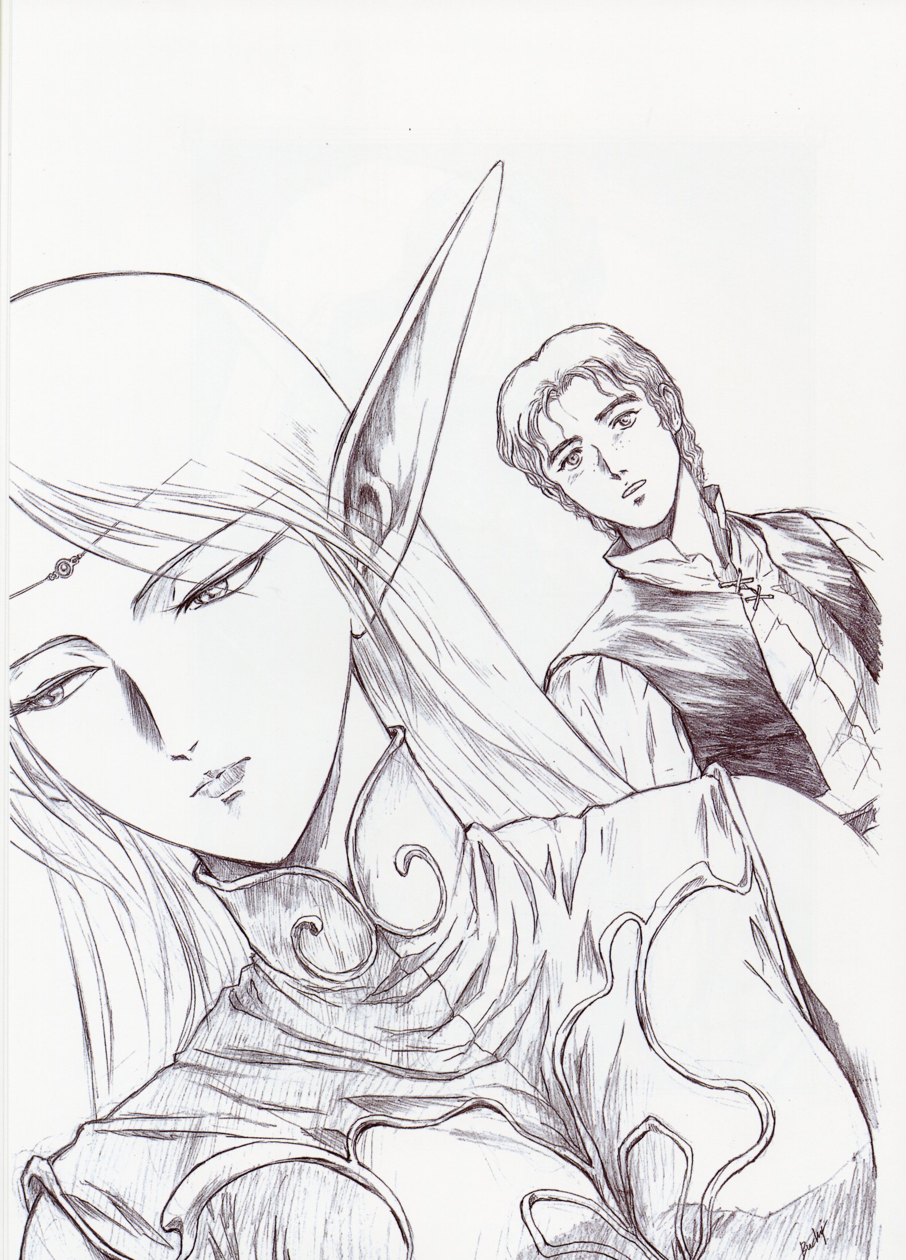 deedlit, record of lodoss war, absurdres, artbook, highres, scan, traditional media, 1990s (style), 1boy, 1girl, elf, monochrome, pointy ears, purple theme, retro artstyle