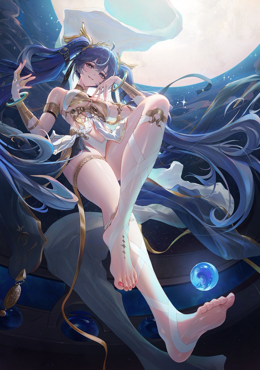 ame (uten cancel), iuno (wuthering waves), wuthering waves, commentary, hashtag-only commentary, highres, symbol-only commentary, 1girl, armlet, bare shoulders, barefoot, blue eyes, blue hair, blush, breasts, feet, full body, hair ornament, hands up, jewelry, large breasts, long hair, looking at viewer, moon, night, parted lips, smile, solo, thighlet, thighs, toes, twintails, underboob, very long hair
