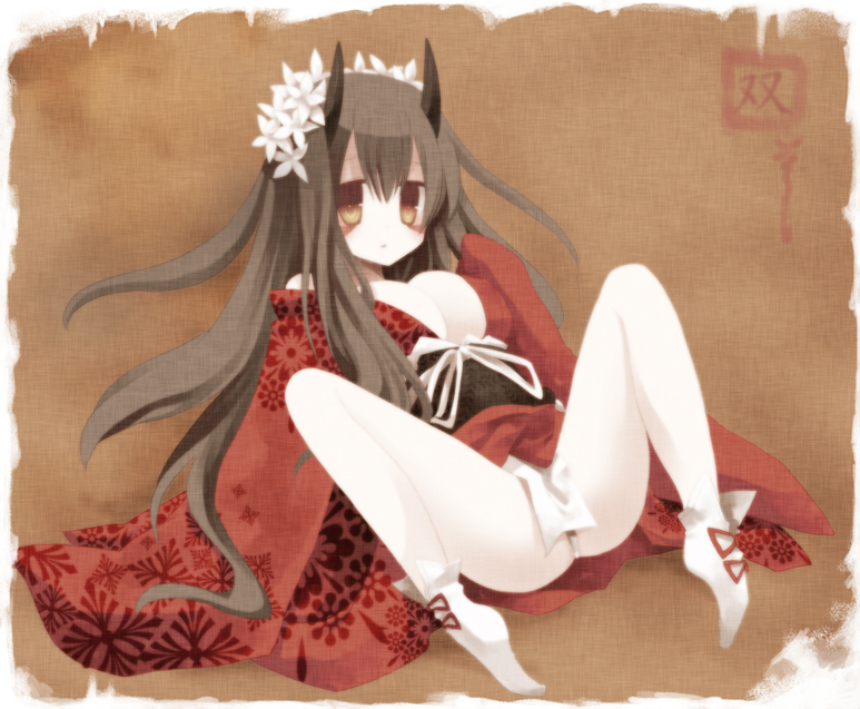 yuzuki gao, 1girl, breasts, brown hair, cleavage, female focus, horns, japanese clothes, kimono, medium breasts, solo, spread legs