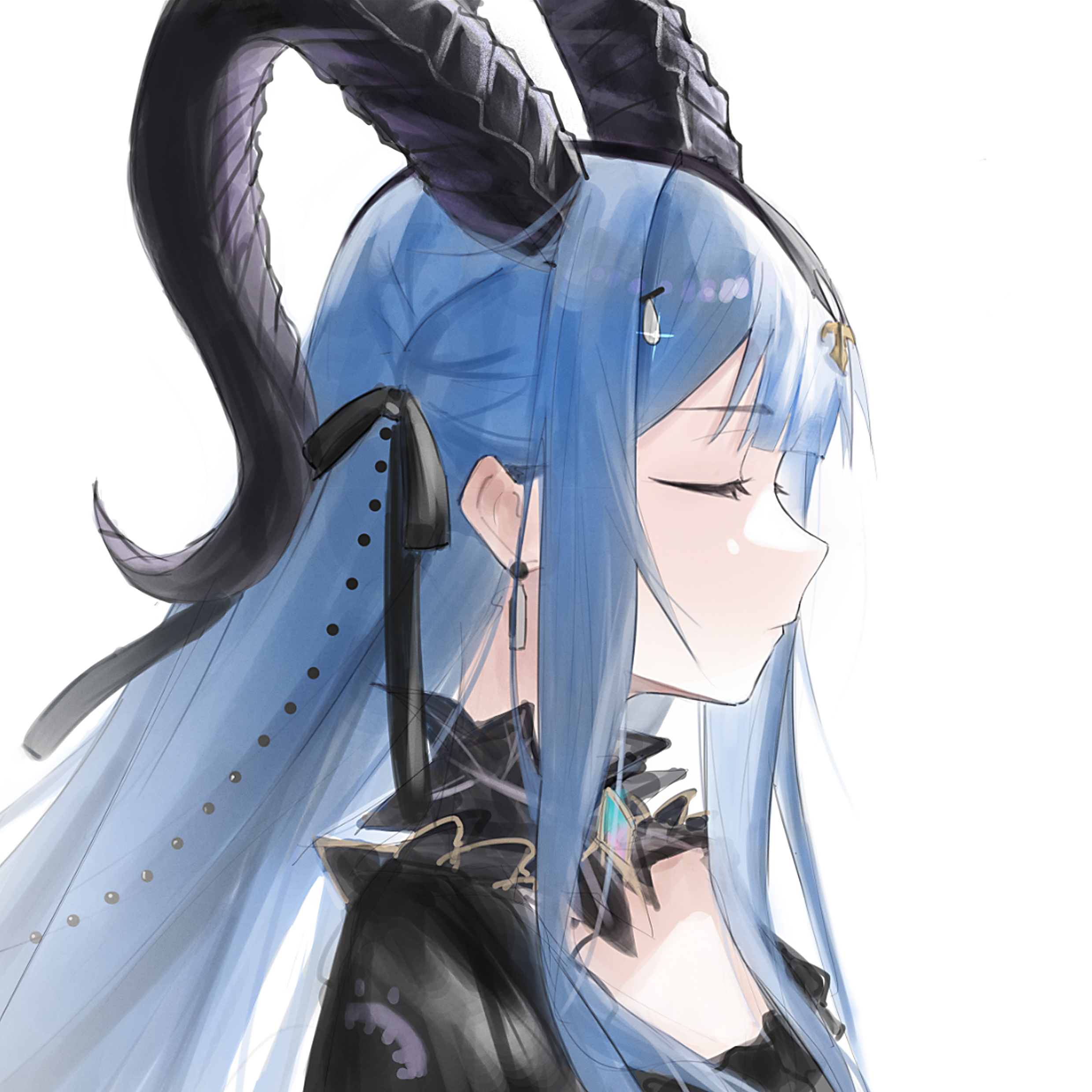 wuyin4, togawa sakiko, togawa sakiko (master of melodia), arknights, bang dream!, bang dream! it's mygo!!!!!, absurdres, commentary, highres, 1girl, black horns, black ribbon, blue hair, blunt bangs, closed eyes, closed mouth, curled horns, detached collar, earrings, from side, hair ribbon, horns, jewelry, long hair, profile, ribbon, sidelocks, simple background, solo, two side up, upper body, white background