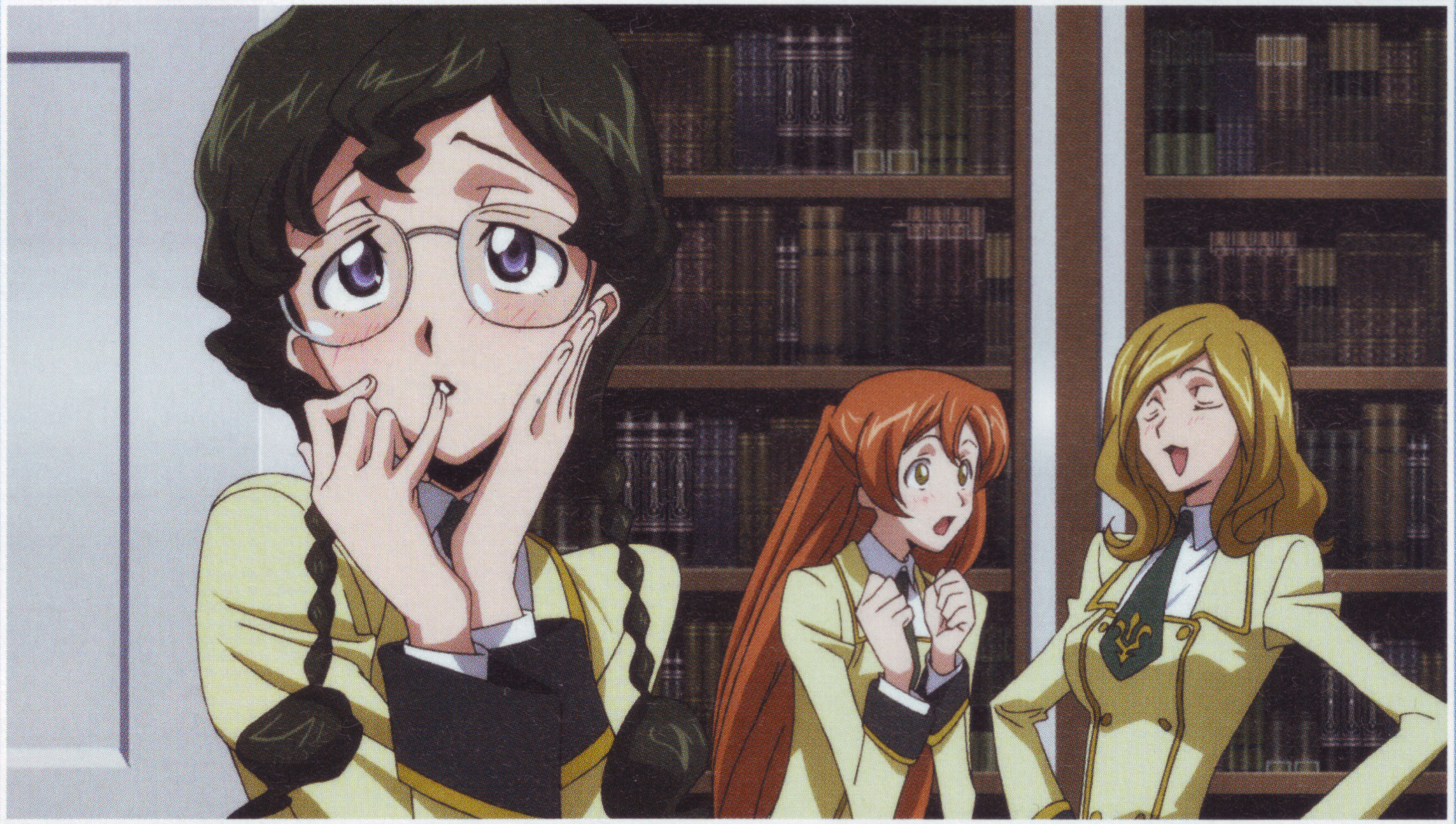 milly ashford, nina einstein, shirley fenette, code geass, code geass: lost colors, highres, official art, scan, 00s, 3girls, blush, book, braid, closed eyes, glasses, long hair, multiple girls, necktie, open mouth, school uniform, serafuku, twin braids
