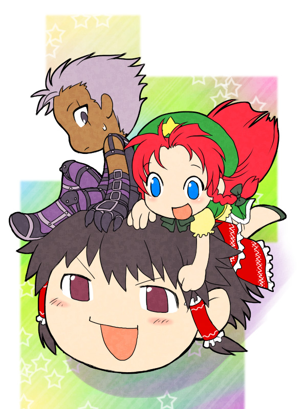 esaka, hakurei reimu, hong meiling, krizalid, m.u.g.e.n, snk, the king of fighters, touhou, bad id, bad pixiv id, 1boy, 1girl, chibi, crossover, office, riding, yukkuri shiteitte ne