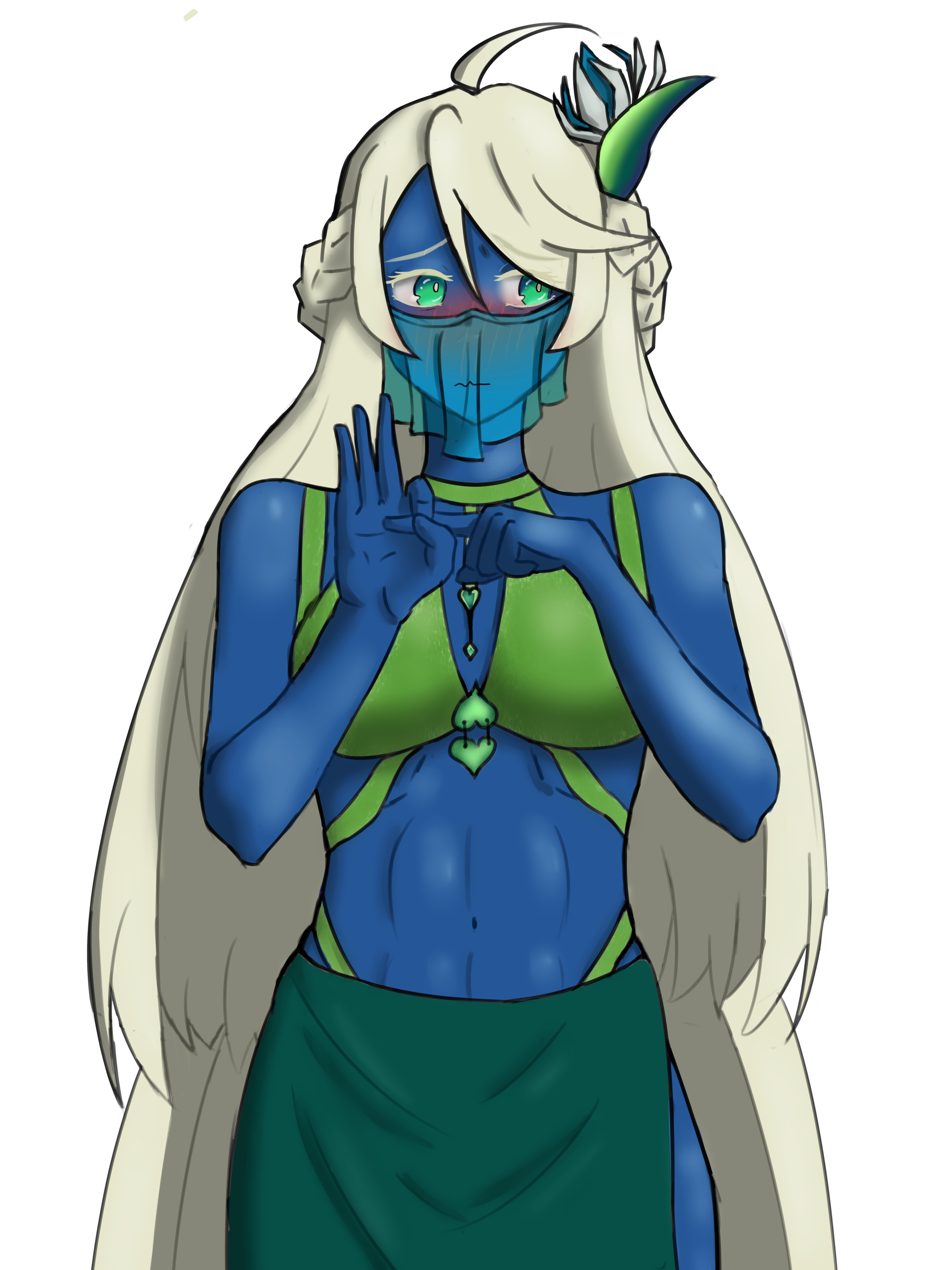 original, absurdres, commentary, highres, self-upload, symbol-only commentary, 1girl, belt, blue skin, blush, braid, breasts, colored skin, cowboy shot, facing viewer, flower, hair flower, hair ornament, looking to the side, mouth veil, mr shtormyk, open belt, penetration gesture, shy, simple background, standing, straight-on, veil, white background