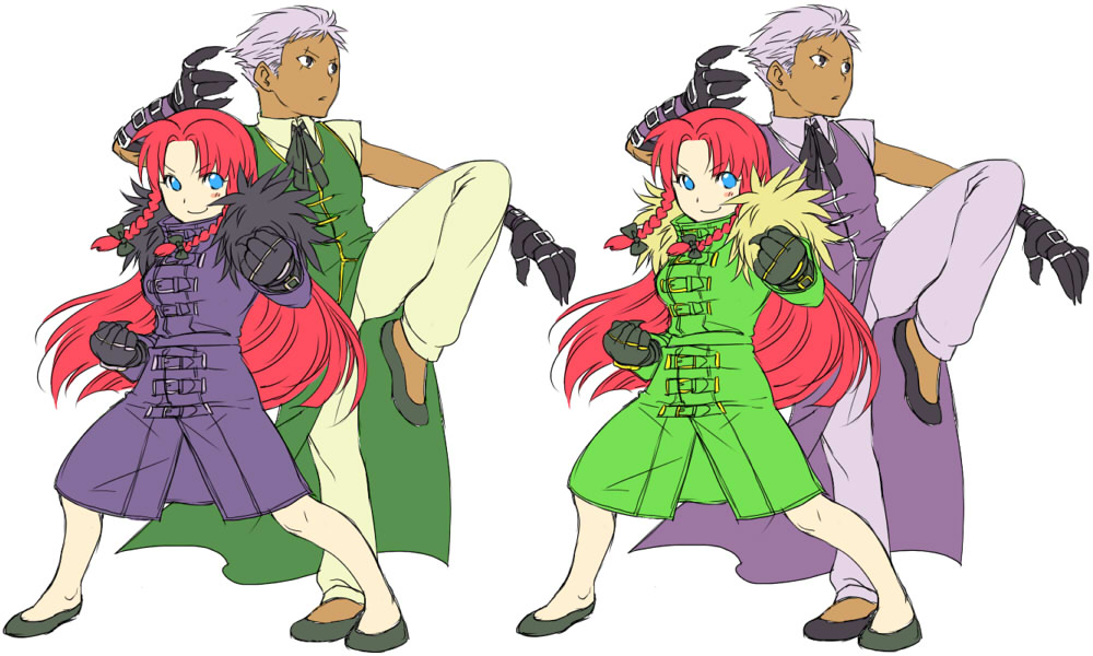 esaka, hong meiling, krizalid, m.u.g.e.n, snk, the king of fighters, touhou, bad id, bad pixiv id, 1boy, 1girl, alternate color, cosplay, costume switch, crossdressing, crossover, hong meiling (cosplay), krizalid (cosplay), palette swap