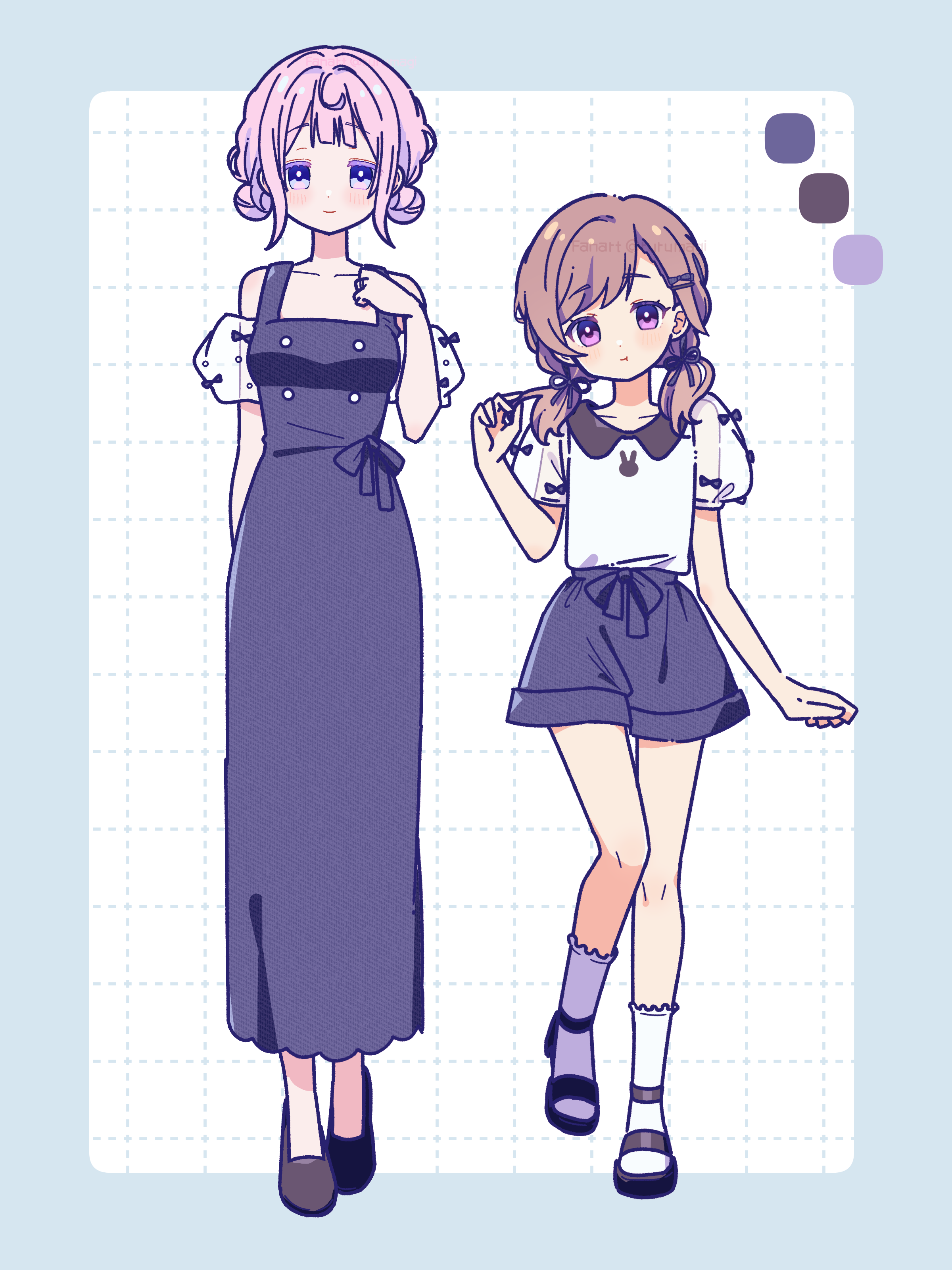 ruru (rurumagi), mai akari, yura hotaru, magia record: mahou shoujo madoka magica gaiden, mahou shoujo madoka magica, absurdres, commentary request, highres, 2girls, black sandals, blue border, blue dress, blue shorts, blush, border, breasts, brown hair, brown shoes, closed mouth, collarbone, collared shirt, color guide, contrast collar, detached sleeves, double bun, dress, full body, grid background, hair bun, hair ornament, hairclip, hand up, looking at viewer, low twintails, medium breasts, medium hair, multiple girls, outside border, pink eyes, pink hair, puffy detached sleeves, puffy sleeves, purple eyes, sandals, see-through clothes, see-through sleeves, shirt, shoes, short hair, short sleeves, shorts, sleeveless, sleeveless dress, smile, socks, standing, twintails, white background, white shirt, white sleeves, white socks