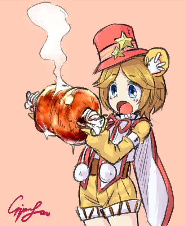 zabrou, tiny zero alma, emil chronicle online, 1girl, animal ears, artist name, bear ears, bear girl, blue eyes, boned meat, brown hair, drooling, food, hat, holding, holding food, meat, open mouth, orange background, red hat, shirt, shorts, signature, solo, yellow shirt, yellow shorts