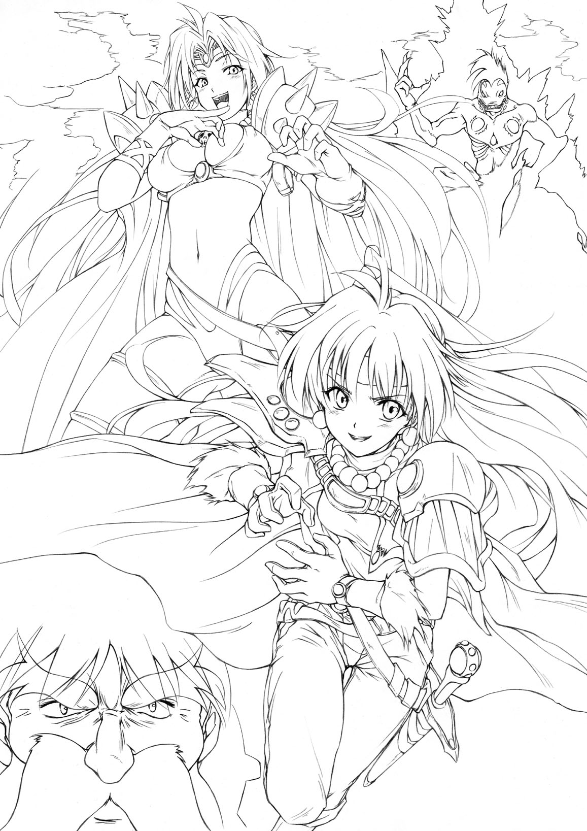 you yude, lina inverse, naga the serpent, slayers, highres, 1boy, 2girls, breasts, cleavage, greyscale, large breasts, monochrome, multiple girls