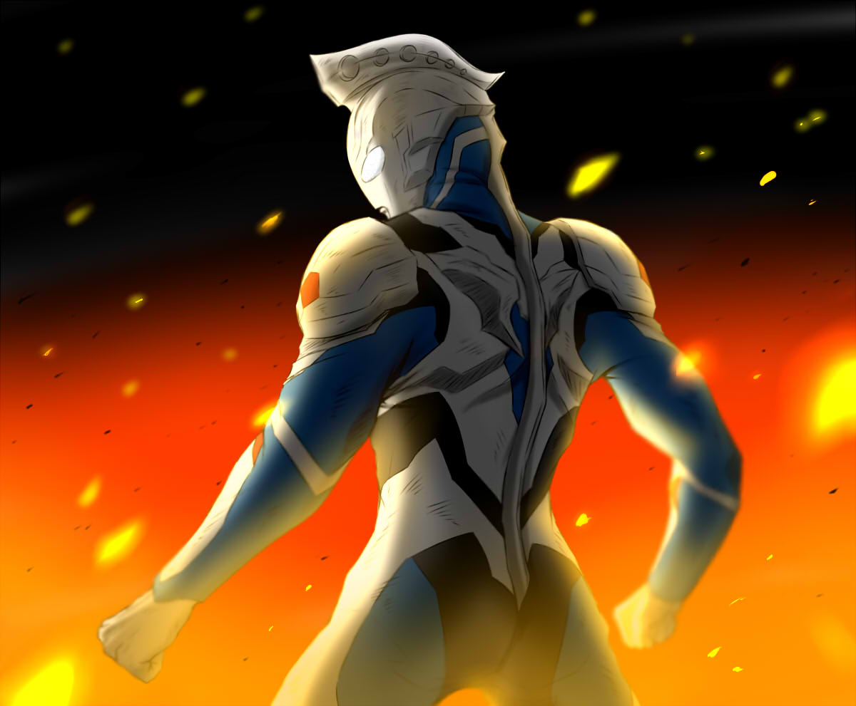 mafuyu tora, ultraman z, ultraman z (original), ultra series, ultraman z (series), commentary, 1boy, alien, armor, black background, black skin, blue skin, clenched hands, colored skin, compound eyes, cowboy shot, dorsal fin, fire, from behind, giant, giant male, glowing, glowing eyes, gradient background, light particles, looking ahead, male focus, multicolored skin, orange background, red skin, shoulder armor, shoulder pads, silver skin, solo, spine, standing, tokusatsu, toned, toned male, two-tone background, white eyes, wrinkled skin