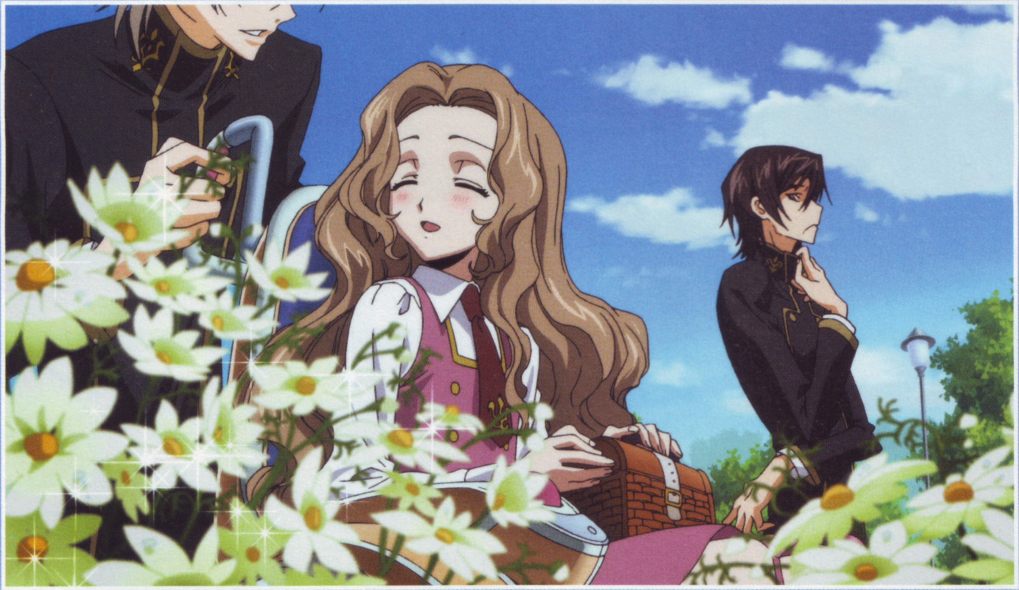 lelouch vi britannia, nunnally vi britannia, rai (code geass), code geass, code geass: lost colors, absurdres, highres, scan, 00s, 1girl, 2boys, blind, blush, closed eyes, flower, multiple boys, school uniform, serafuku