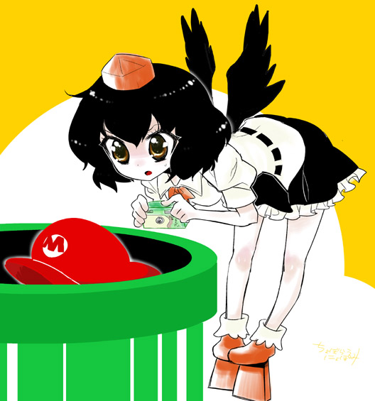choborau nyopomi, mario, shameimaru aya, mario (series), nintendo, super mario bros. 1, touhou, 1boy, 1girl, black wings, camera, crossover, disposable camera, full body, geta, hat, tengu-geta, warp pipe, wings
