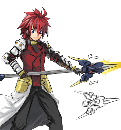 shirogane (fox), erio mondial, strada, lyrical nanoha, mahou shoujo lyrical nanoha strikers, 00s, 1boy, adapted costume, aged up, alternate weapon, androgynous, armor, blue eyes, gauntlets, hair ornament, male focus, pants, red hair, solo, weapon