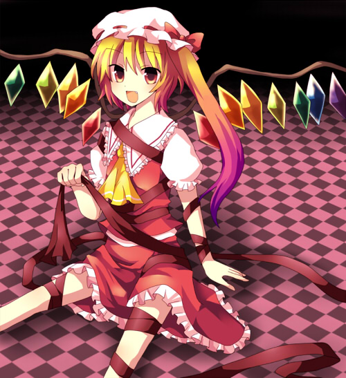mikage natsu, flandre scarlet, touhou, 1girl, blouse, collared shirt, female focus, gradient hair, hat, mob cap, multicolored hair, red eyes, ribbon, shirt, solo, white hat, white shirt, wings