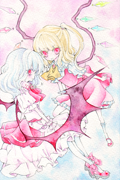 miri, miri (tobira no mukou), flandre scarlet, remilia scarlet, touhou, painting (medium), traditional media, watercolor (medium), 2girls, colored eyelashes, eyelashes, female focus, multiple girls, siblings, sisters, smile, wings