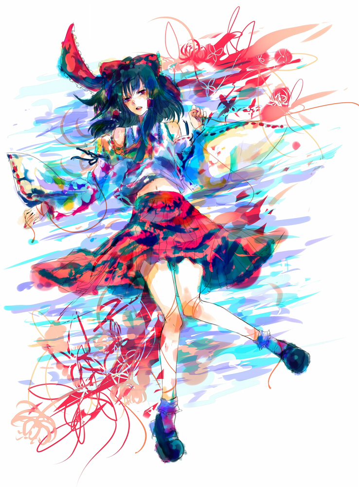 minase (mmakina), hakurei reimu, touhou, 1girl, bare shoulders, black hair, bow, detached sleeves, female focus, flat chest, frills, hair tubes, mary janes, midriff, navel, red eyes, shoes, skirt, sleeves past wrists, socks, solo