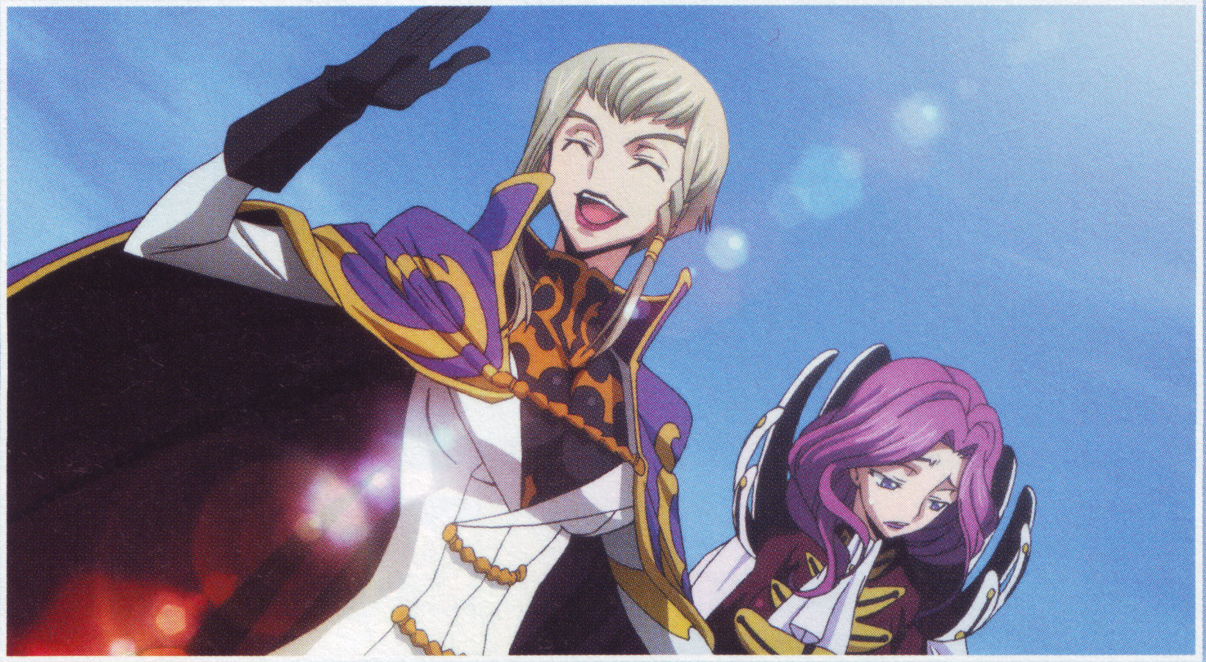 cornelia li britannia, nonette enneagram, code geass, code geass: lost colors, silver hair, highres, scan, 00s, 2girls, :d, ^ ^, black gloves, blue sky, closed eyes, day, gloves, lens flare, light rays, military, military uniform, multiple girls, open mouth, purple hair, sky, smile, sunlight, waving