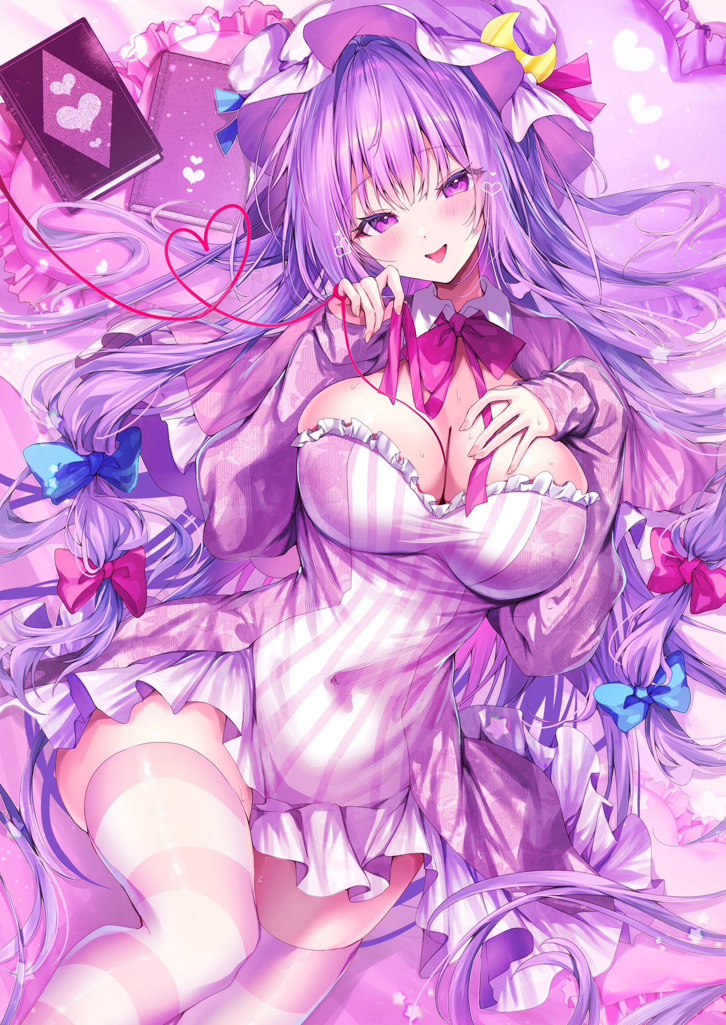 nenobi (nenorium), patchouli knowledge, touhou, highres, 1girl, blue bow, book, bow, breasts, cleavage, hair bow, hat, large breasts, long hair, looking at viewer, lying, mob cap, purple eyes, purple hair, purple hat, smile, solo, striped clothes, striped thighhighs, thighhighs, tongue, tongue out