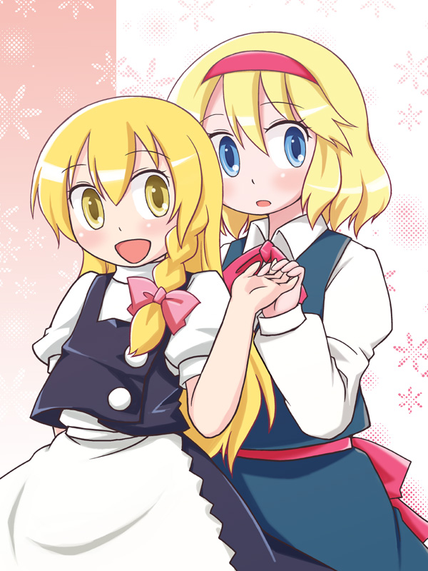 shaomin, alice margatroid, kirisame marisa, touhou, 2girls, :d, blonde hair, bow, bowtie, braid, capelet, female focus, hair bow, hairband, holding, long sleeves, looking at viewer, multiple girls, open mouth, red bow, red bowtie, single braid, smile, yellow eyes