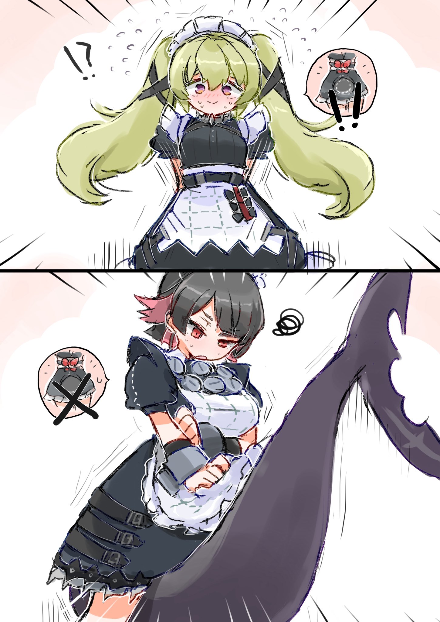 az79709363, corin wickes, ellen joe, zenless zone zero, highres, !, 2girls, ?, apron, armband, black bow, black hair, blush, bow, closed mouth, colored inner hair, cosplay, costume switch, fins, fish tail, green hair, hair ornament, hairband, looking down, maid, maid apron, maid headdress, metal hairband, multicolored hair, multiple girls, open mouth, purple eyes, red bow, red eyes, scar, scar on tail, screw, shark girl, shark tail, spiked headband, sweat, sweatdrop, tail, white apron