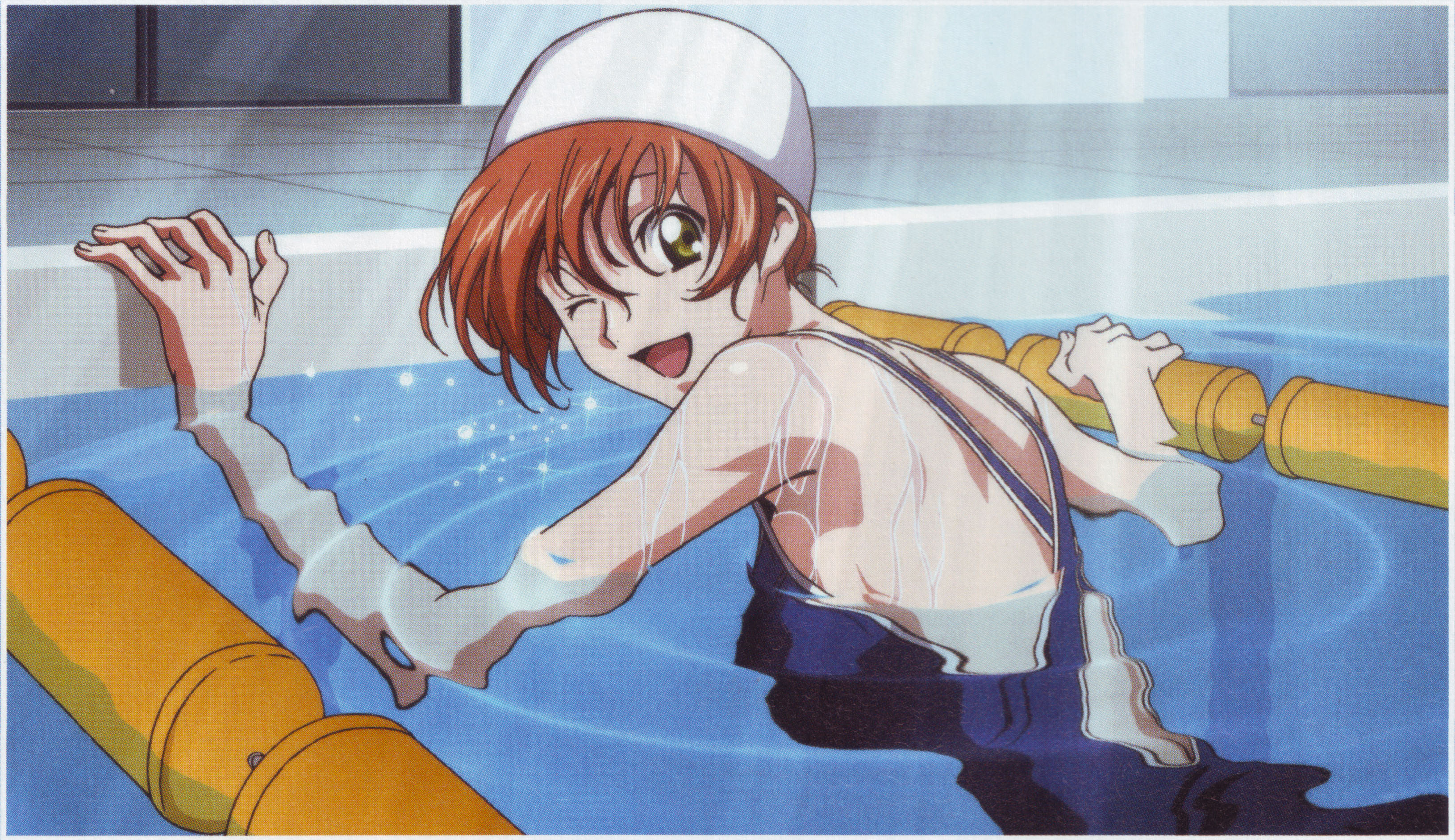 shirley fenette, code geass, code geass: lost colors, absurdres, highres, official art, scan, 00s, 1girl, ;d, back, bare shoulders, breasts, brown eyes, brown hair, competition swimsuit, female focus, from behind, happy, lane line, light rays, looking back, one-piece swimsuit, one eye closed, open mouth, orange hair, pool, ripples, smile, solo, sunbeam, sunlight, swim cap, swimming, swimsuit, water, wet, wink