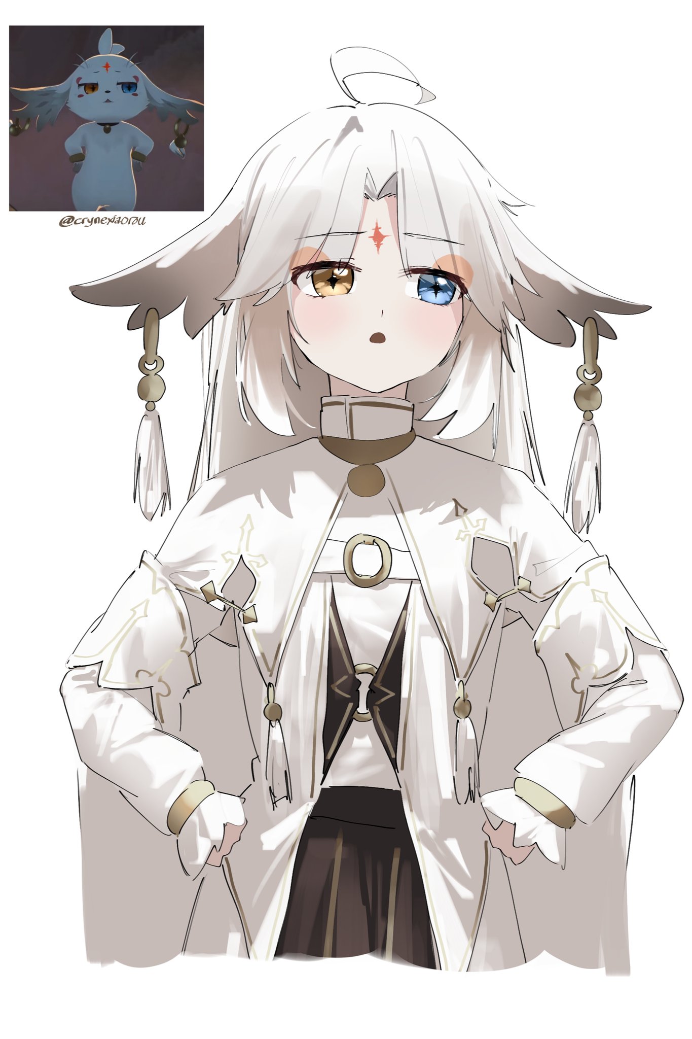 cryne, abby (wuthering waves), wuthering waves, commentary, highres, 1other, ahoge, ambiguous gender, black skirt, blue eyes, cloak, cropped torso, droopy ears, earrings, game screenshot inset, hands on own hips, heterochromia, humanization, jewelry, light blush, long hair, long sleeves, looking to the side, reference inset, simple background, skirt, symbol-shaped pupils, tacet mark (wuthering waves), twitter username, white background, white cloak, white hair, yellow eyes