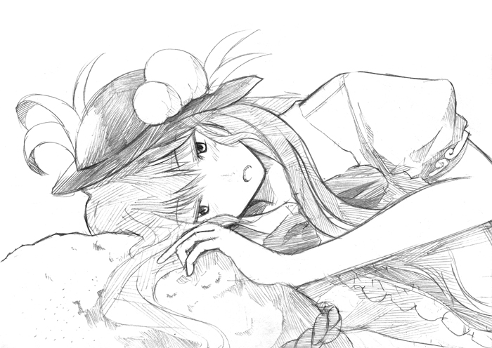 shironeko, tsuji kazuho, tsuji kazuo, hinanawi tenshi, touhou, 1girl, female focus, food, fruit, greyscale, kaname-ishi, leaf, monochrome, peach, rope, shimenawa, sketch, solo