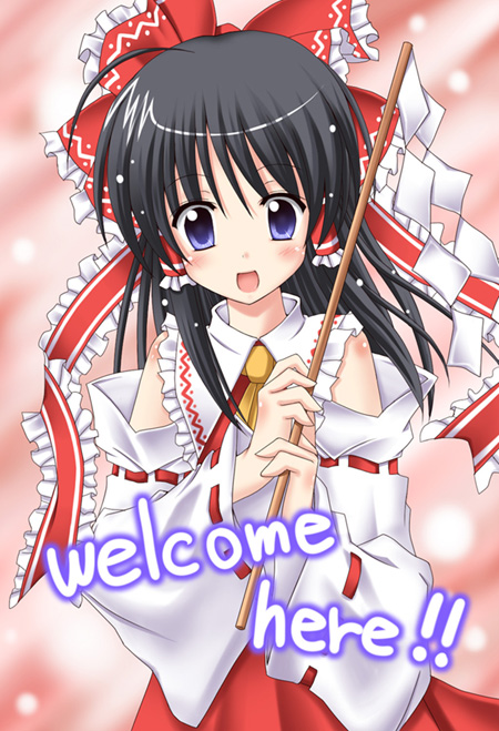 exe (artist), xe (execut3r), hakurei reimu, touhou, 1girl, ascot, black hair, blue eyes, blush, bow, detached sleeves, female focus, gohei, hair bow, hair tubes, holding, japanese clothes, long hair, long sleeves, looking at viewer, miko, red bow, ribbon, ribbon-trimmed sleeves, ribbon trim, solo, stick, tareme, upper body, vest
