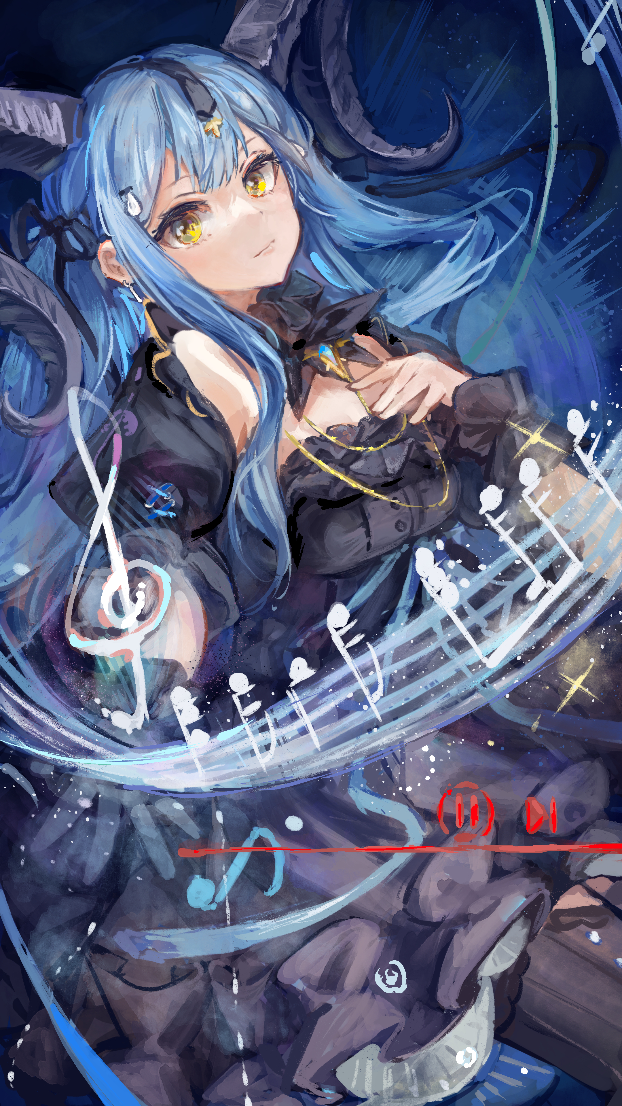 karenncat, togawa sakiko, togawa sakiko (master of melodia), arknights, bang dream!, bang dream! it's mygo!!!!!, absurdres, commentary, highres, 1girl, black dress, black gloves, black horns, black ribbon, blue background, blue hair, breasts, cleavage, closed mouth, cowboy shot, curled horns, detached collar, dress, frilled dress, frills, gloves, hair ribbon, hand on own chest, horns, jewelry, long hair, looking at viewer, musical note, musical staff, necklace, ribbon, sidelocks, single glove, solo, two side up, wrist cuffs, yellow eyes