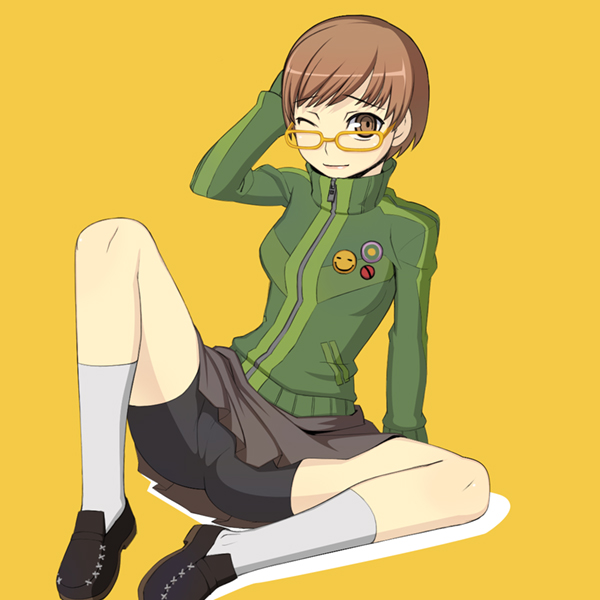 caryo, nanashino, satonaka chie, atlus, persona, persona 4, 1girl, brown eyes, brown hair, cameltoe, female focus, glasses, one eye closed, short hair, simple background, socks, solo, spandex, spread legs, wink, yellow-framed eyewear