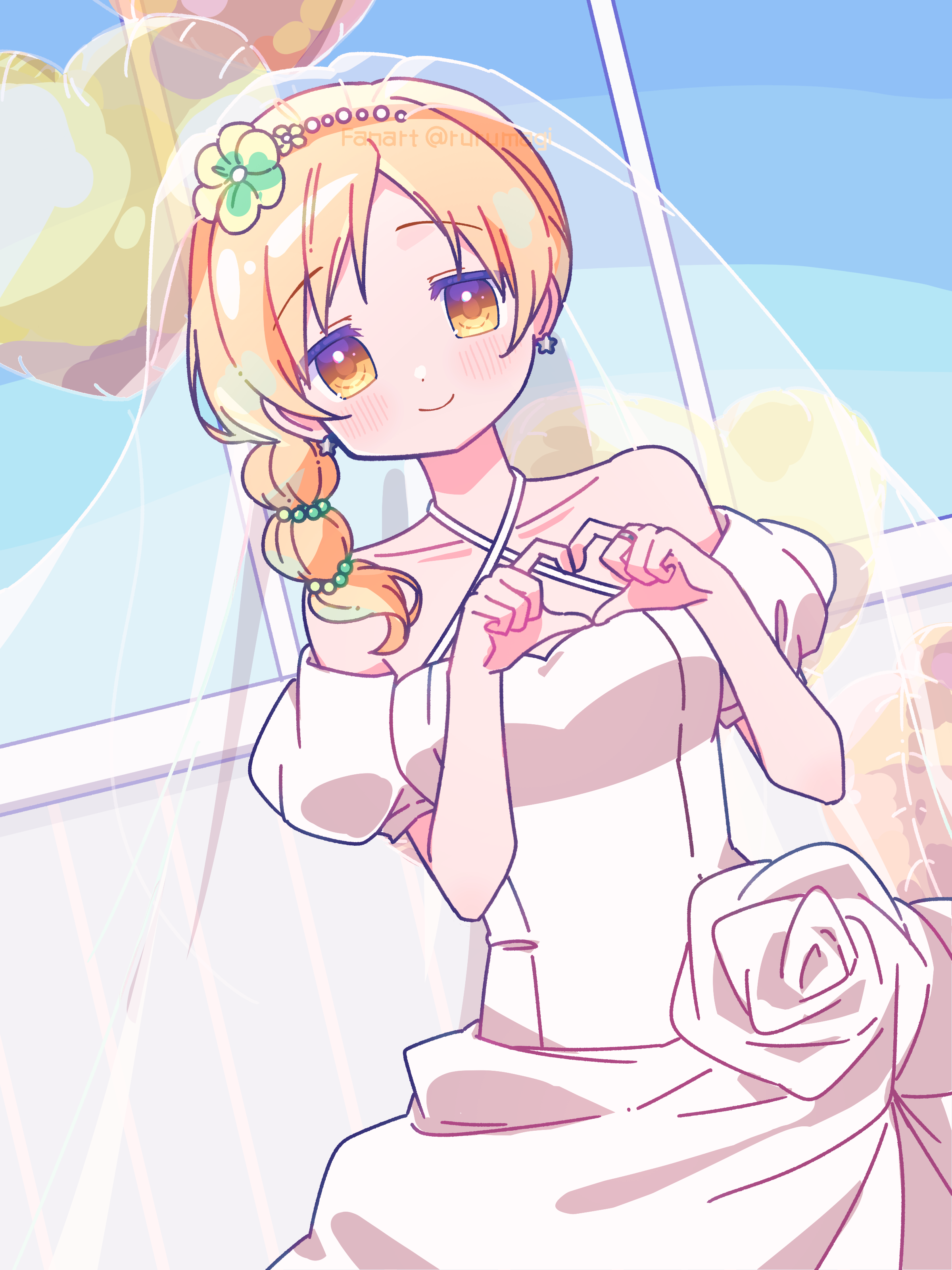 ruru (rurumagi), tomoe mami, mahou shoujo madoka magica, absurdres, commentary request, highres, 1girl, alternate hairstyle, blonde hair, detached sleeves, dress, four-finger heart hands, heart, heart hands, long hair, looking at viewer, puffy short sleeves, puffy sleeves, short sleeves, side ponytail, solo, strapless, strapless dress, veil, white veil, window, yellow eyes