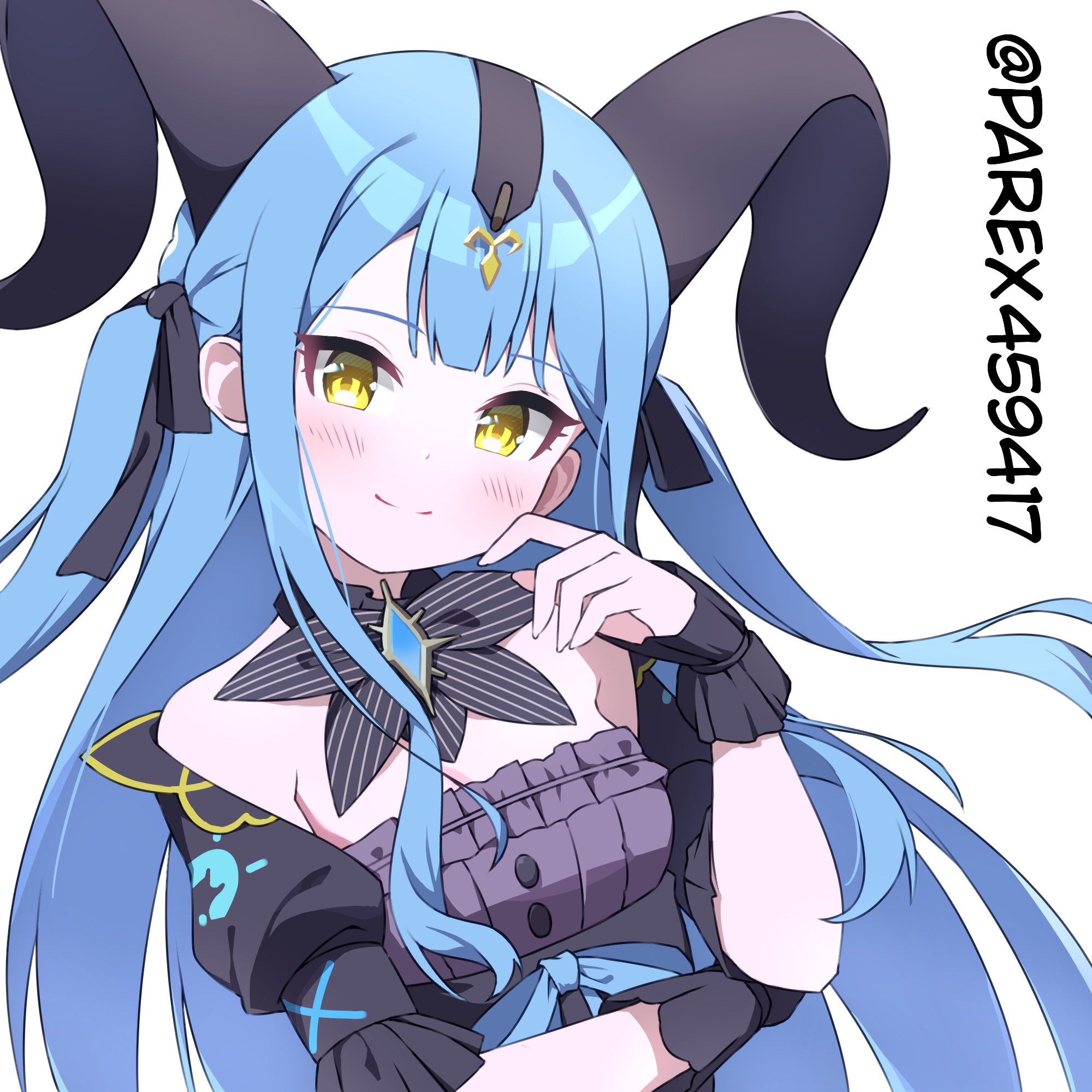 parex (vpnn8573), togawa sakiko, togawa sakiko (master of melodia), arknights, bang dream!, bang dream! it's mygo!!!!!, chinese commentary, commentary request, highres, 1girl, black dress, black gloves, black horns, black ribbon, blue hair, blunt bangs, closed mouth, curled horns, detached collar, dress, gloves, hair ribbon, hand on own cheek, hand on own face, hand up, horns, long hair, looking at viewer, ribbon, sidelocks, simple background, single glove, smile, solo, two side up, upper body, white background, wrist cuffs, yellow eyes